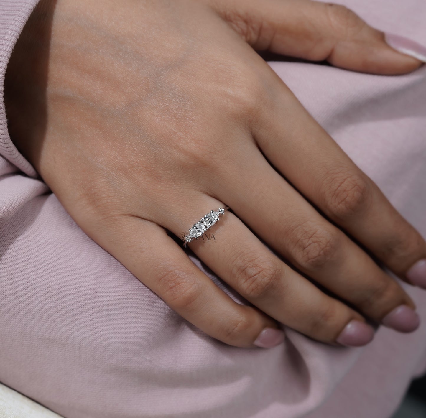 East West Pear Cut Lab Grown Diamond Four Stone Ring in 18K White Gold