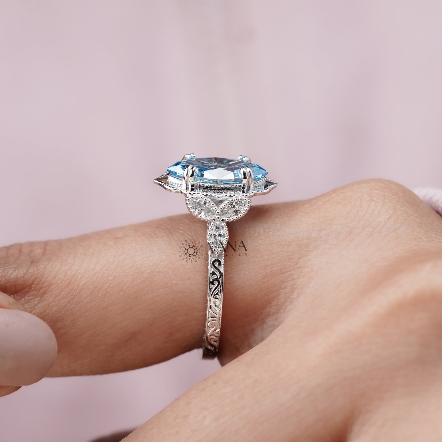 Vivid Blue Marquise Diamond Engagement Ring with Double Claw Prong & Milgrain Setting