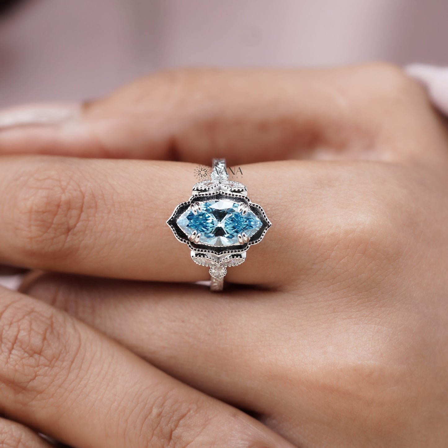 Vivid Blue Marquise Diamond Engagement Ring with Double Claw Prong & Milgrain Setting