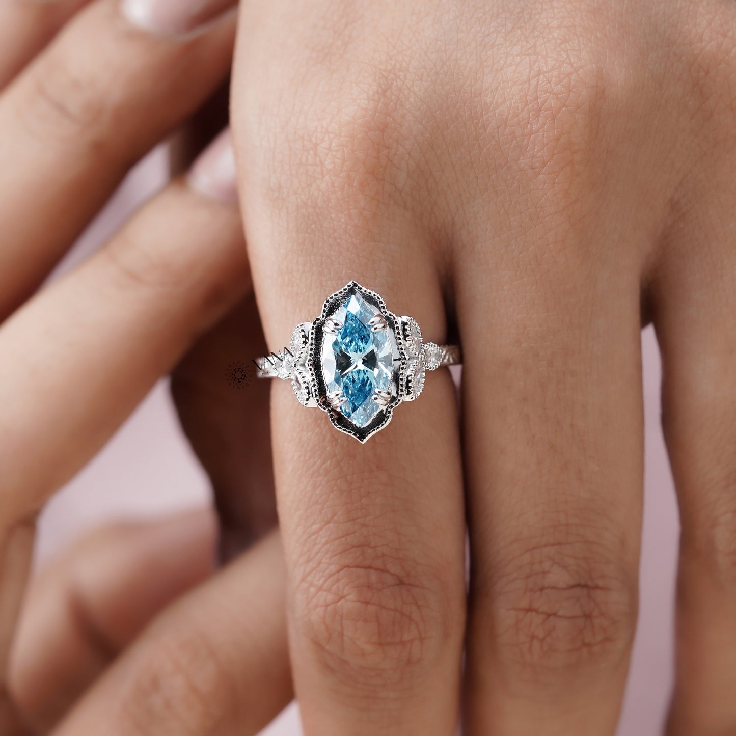 Vivid Blue Marquise Diamond Engagement Ring with Double Claw Prong & Milgrain Setting