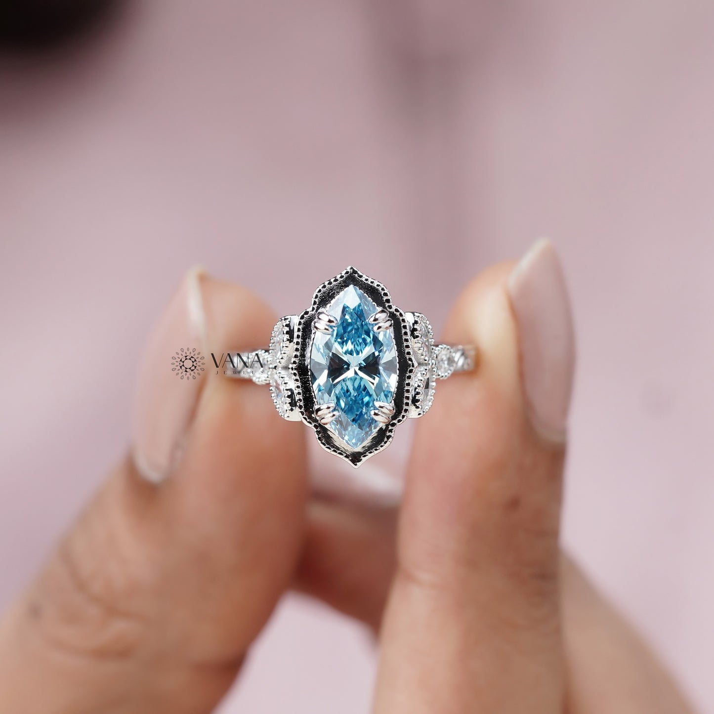 Vivid Blue Marquise Diamond Engagement Ring with Double Claw Prong & Milgrain Setting