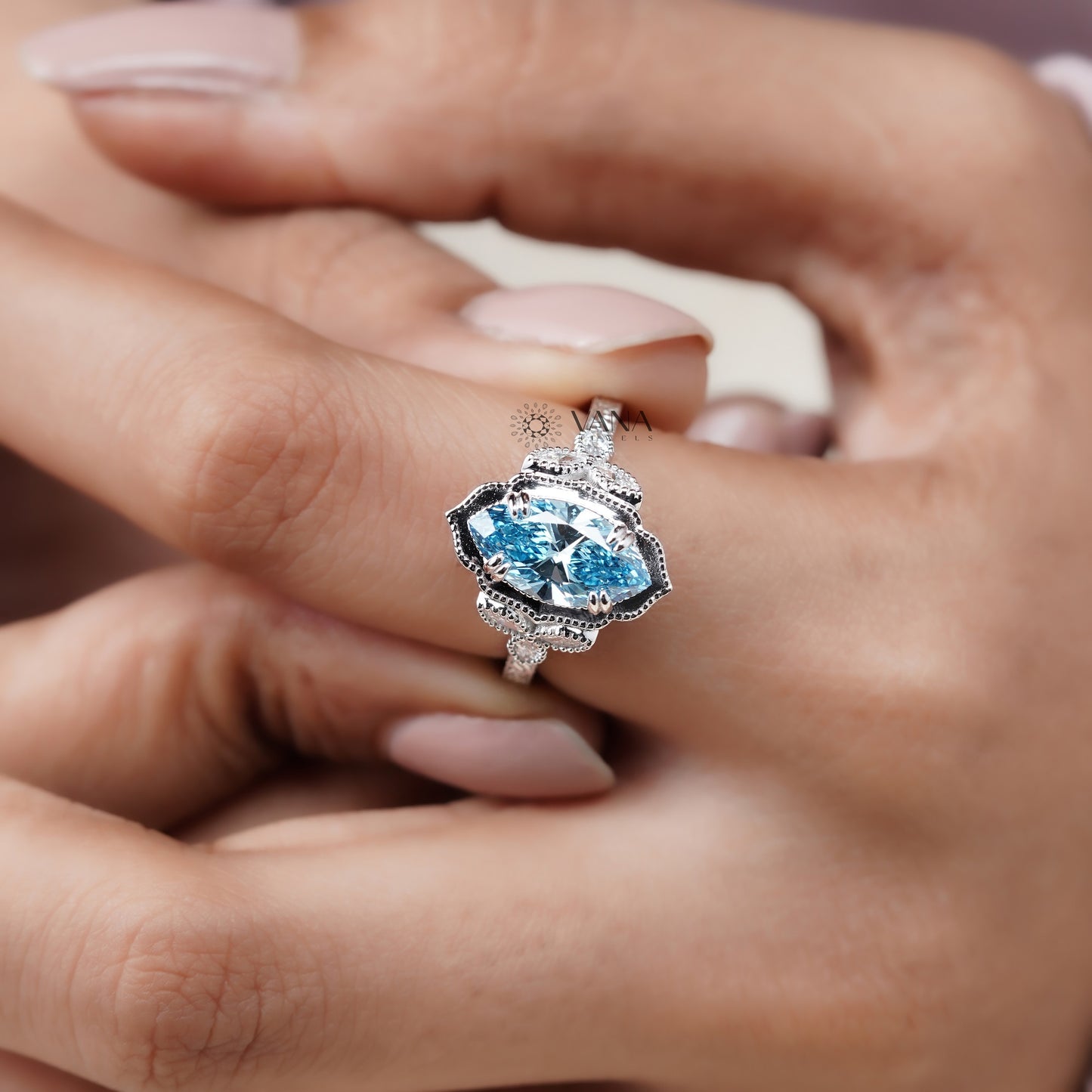 Vivid Blue Marquise Diamond Engagement Ring with Double Claw Prong & Milgrain Setting
