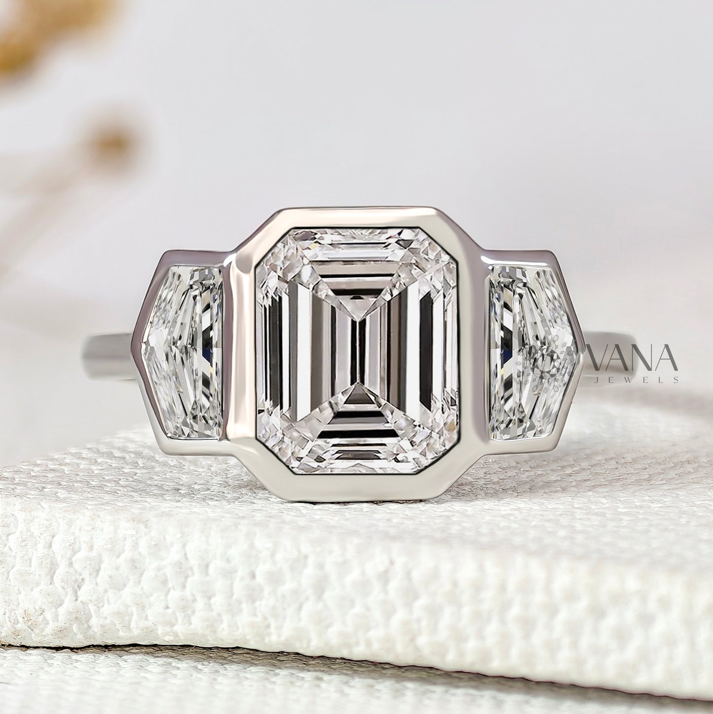 Three Stone Emerald Cut Lab-Grown Diamond Engagement Ring with Side Cadillac Stone