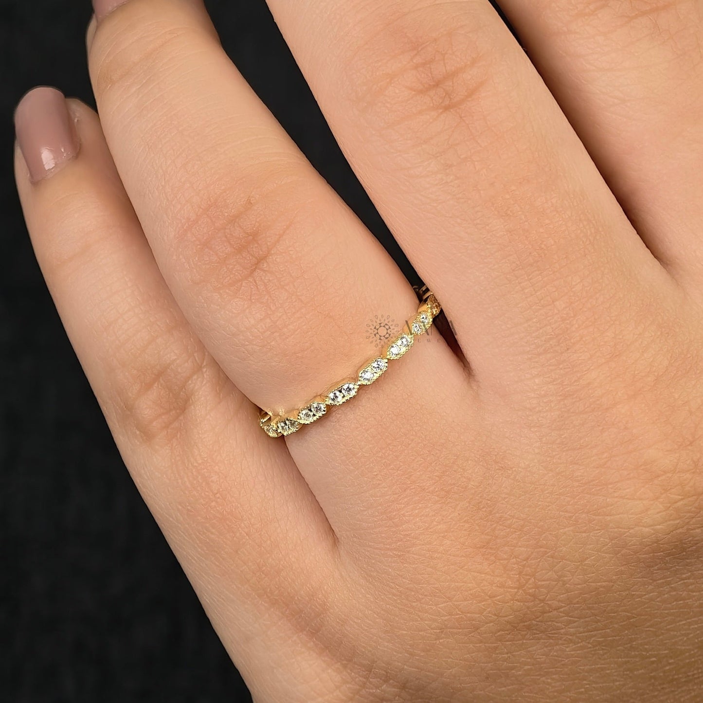Round Cut Moissanite Eternity Band with Milgrain Bezel Setting in Gold