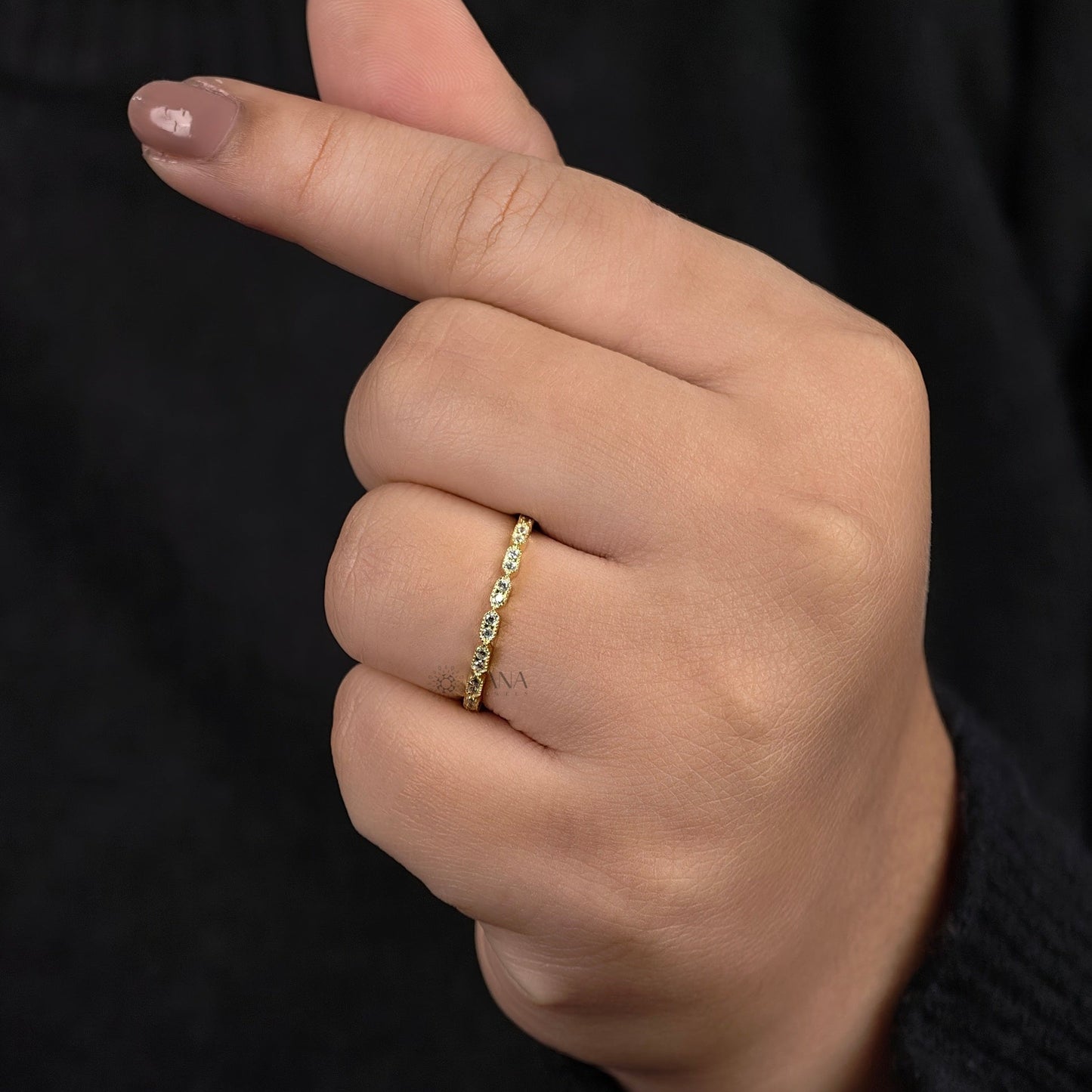 Round Cut Moissanite Eternity Band with Milgrain Bezel Setting in Gold