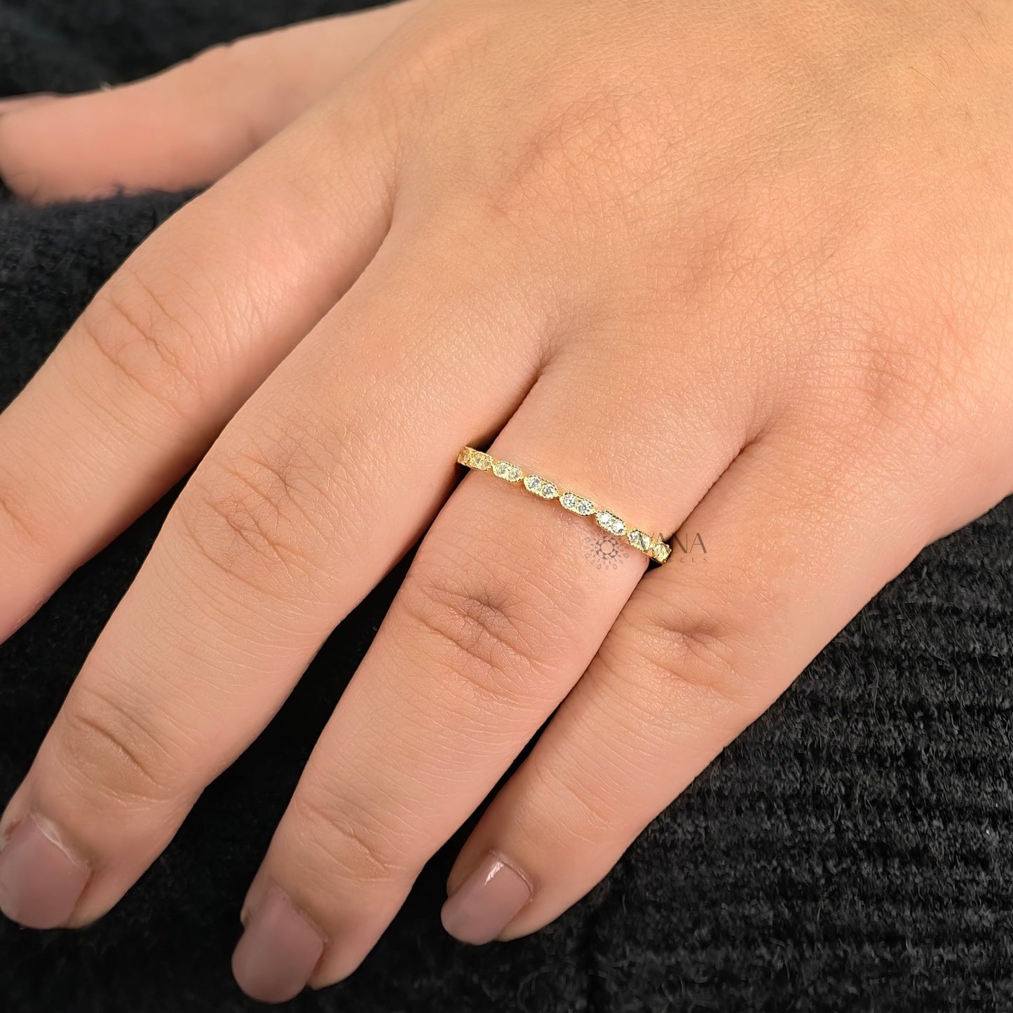 Round Cut Moissanite Eternity Band with Milgrain Bezel Setting in Gold