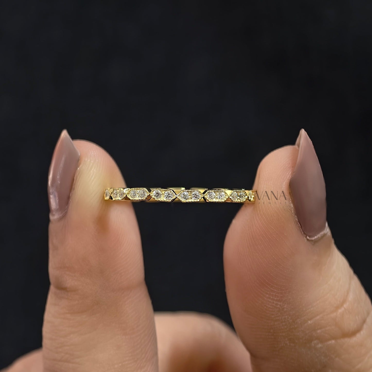 Round Cut Moissanite Eternity Band with Milgrain Bezel Setting in Gold