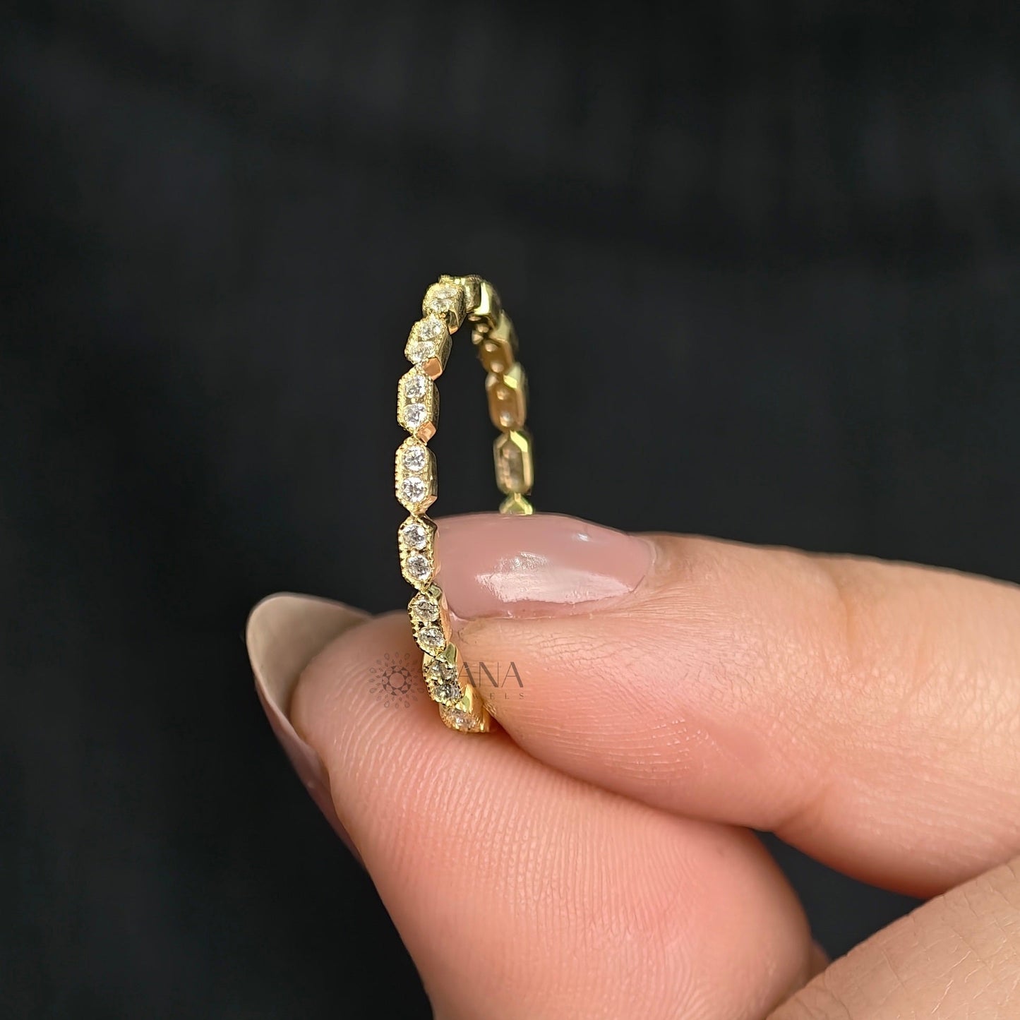 Round Cut Moissanite Eternity Band with Milgrain Bezel Setting in Gold