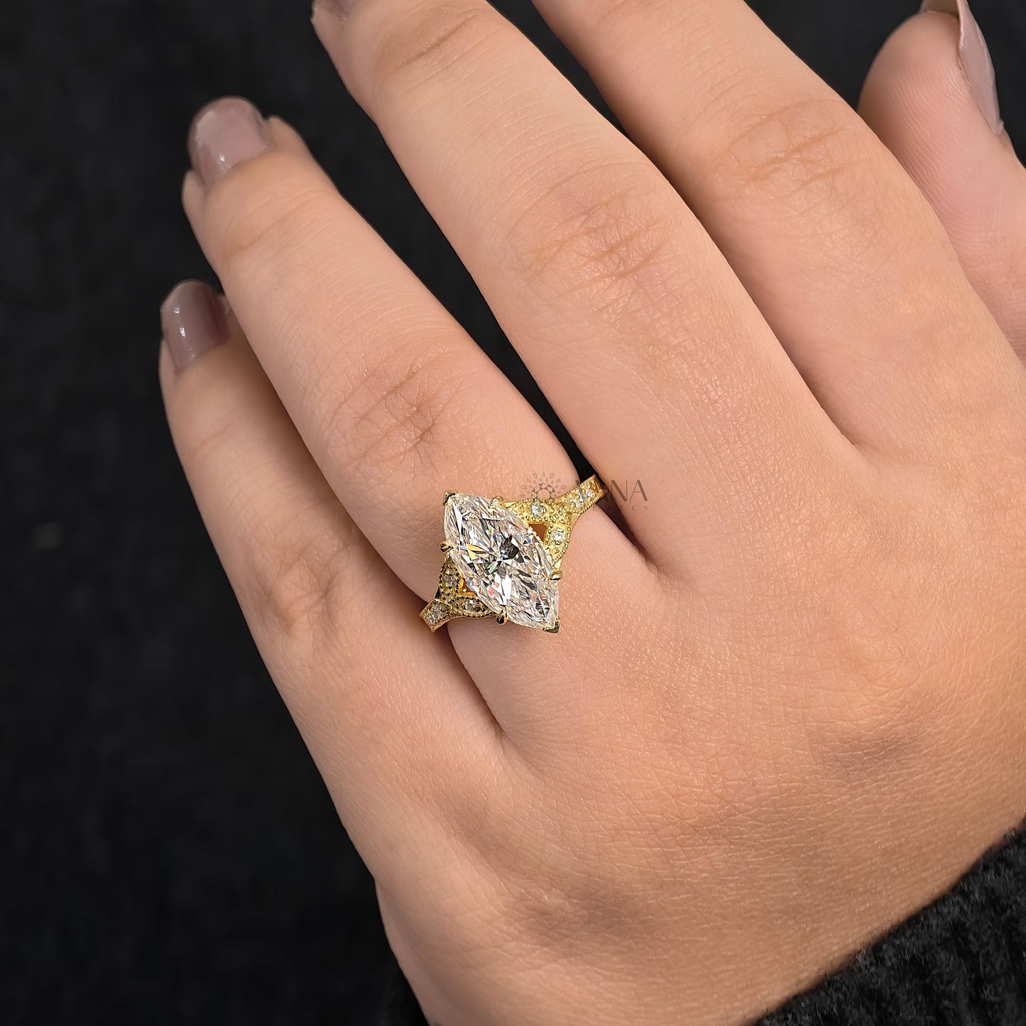Victorian Marquise cut Moissanite Engagement Ring in Solid Gold Engraved Wedding Ring