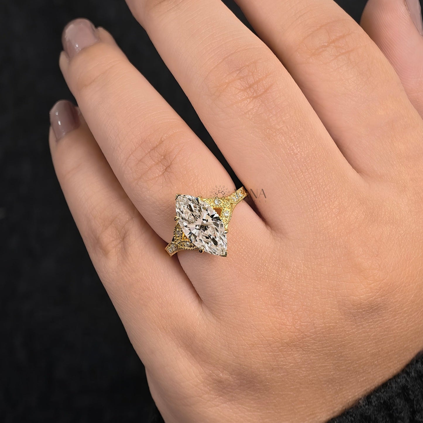 Marquise Cut Lab-Grown Diamond Engagement Ring, Yellow Gold Art Deco Cluster Setting