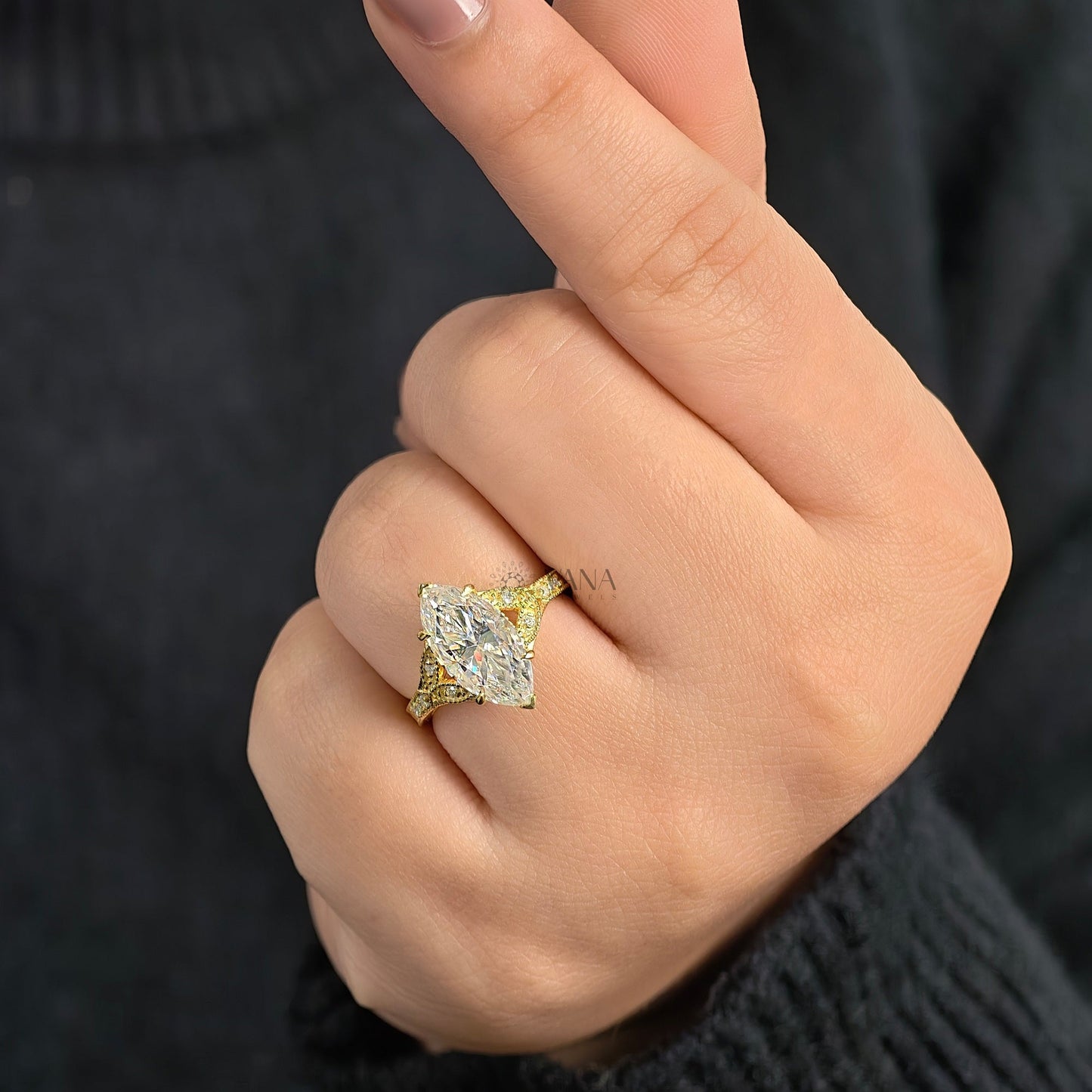 Victorian Marquise cut Moissanite Engagement Ring in Solid Gold Engraved Wedding Ring
