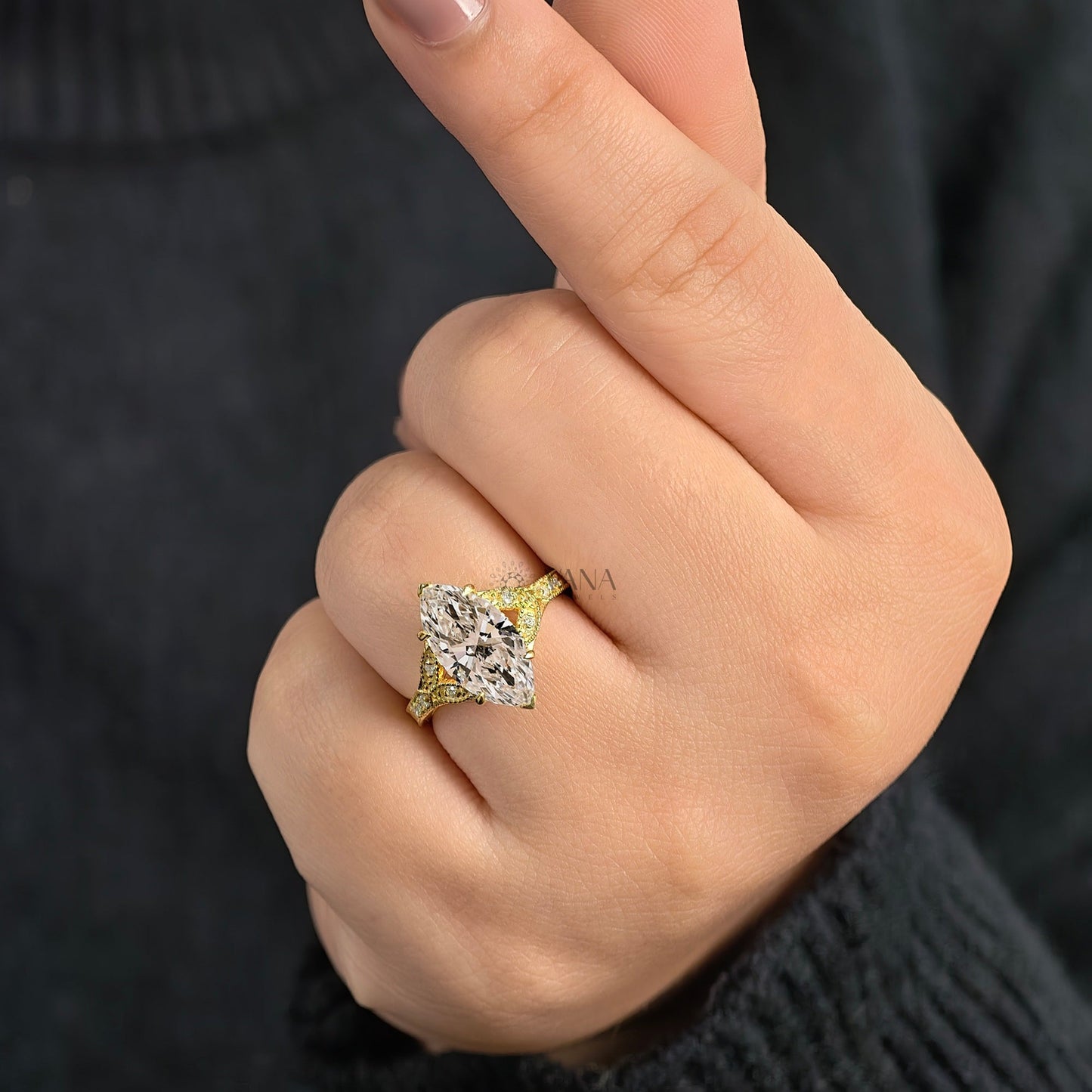 Marquise Cut Lab-Grown Diamond Engagement Ring, Yellow Gold Art Deco Cluster Setting