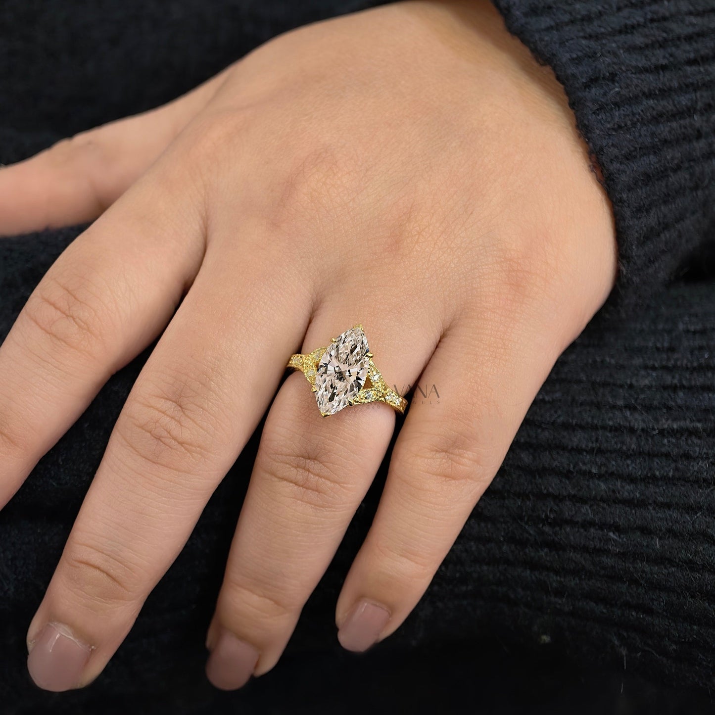 Marquise Cut Lab-Grown Diamond Engagement Ring, Yellow Gold Art Deco Cluster Setting