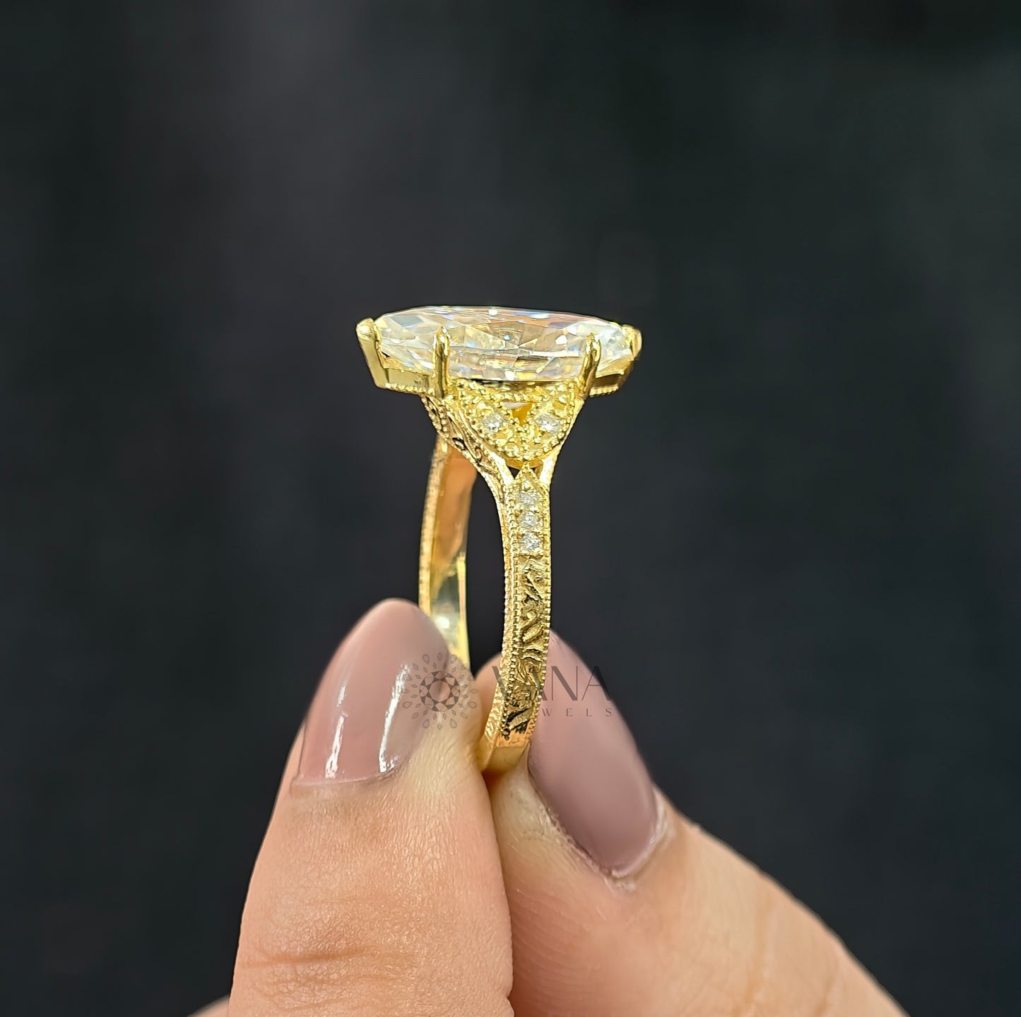 Marquise Cut Lab-Grown Diamond Engagement Ring, Yellow Gold Art Deco Cluster Setting