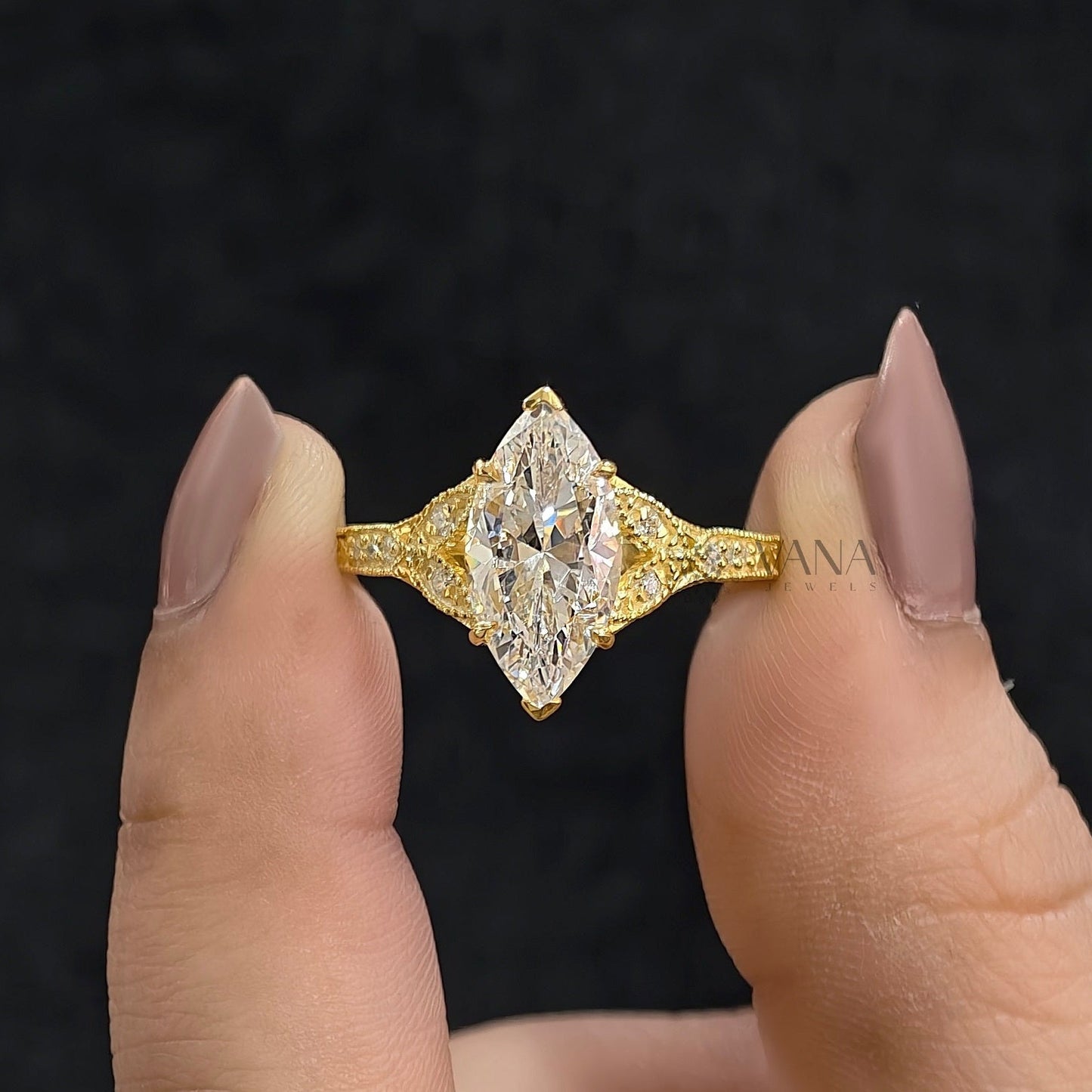 Victorian Marquise cut Moissanite Engagement Ring in Solid Gold Engraved Wedding Ring