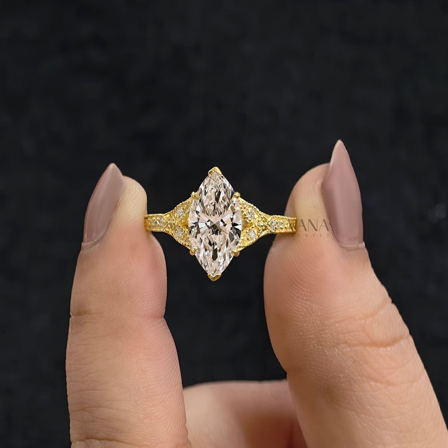 Marquise Cut Lab-Grown Diamond Engagement Ring, Yellow Gold Art Deco Cluster Setting