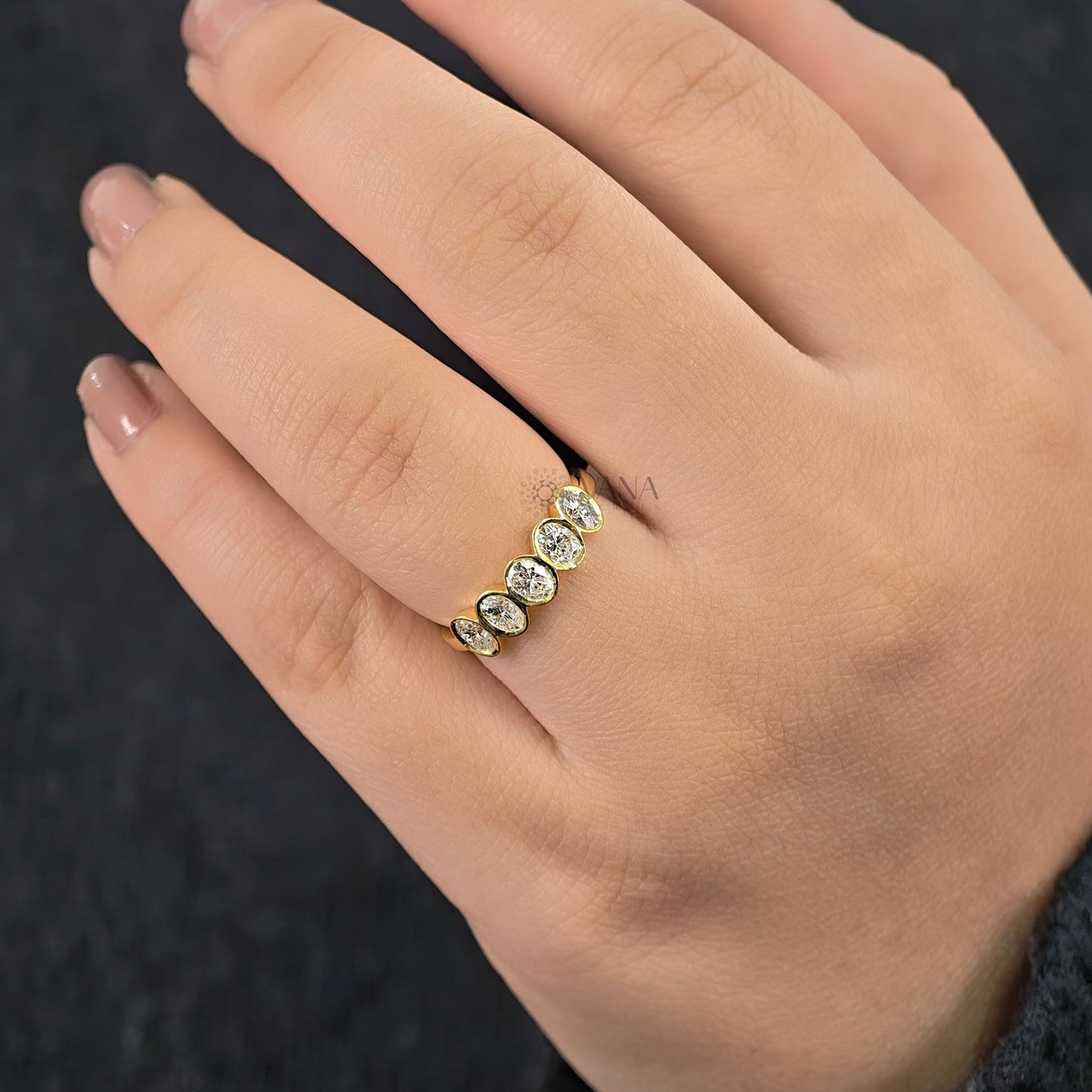 Bezel Set Oval Moissanite Wedding Band, 14K Yellow Gold Stackable Ring