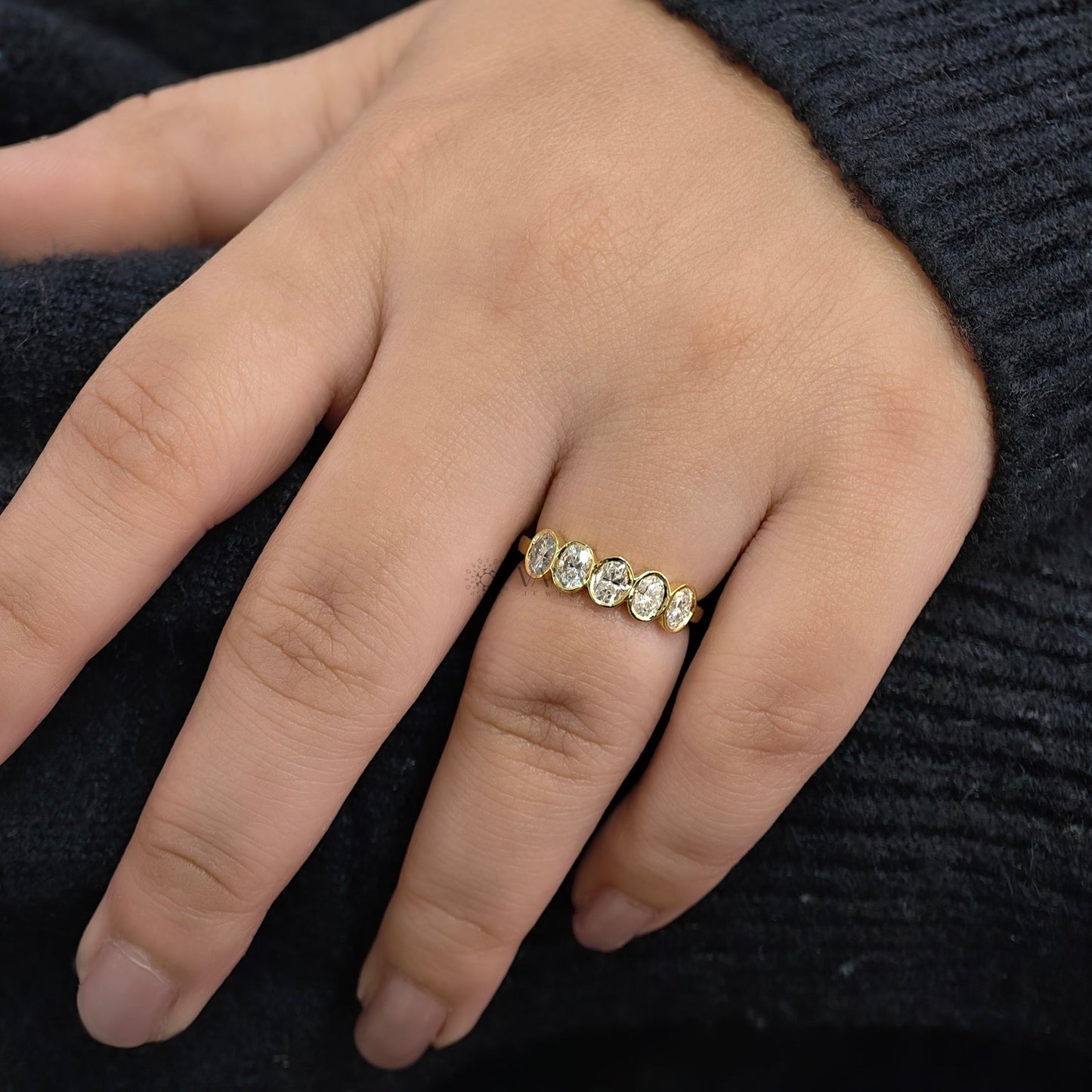 Bezel Set Oval Moissanite Wedding Band, 14K Yellow Gold Stackable Ring