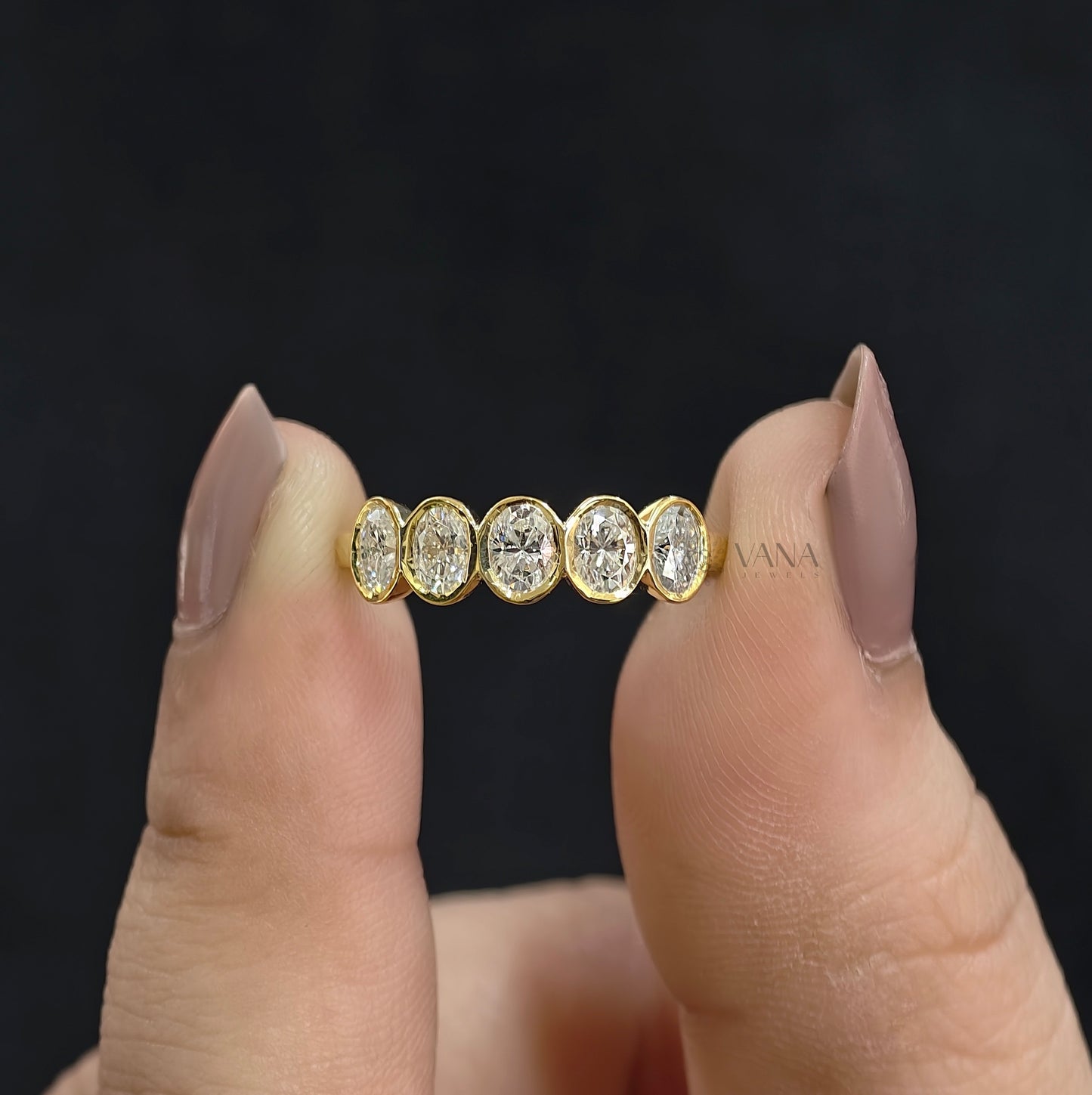 Bezel Set Oval Moissanite Wedding Band, 14K Yellow Gold Stackable Ring