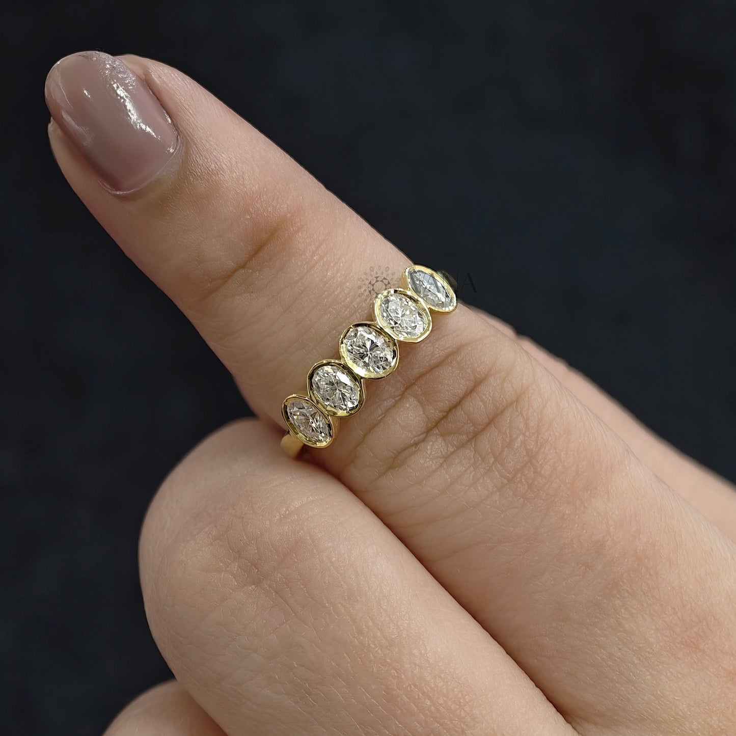 Bezel Set Oval Moissanite Wedding Band, 14K Yellow Gold Stackable Ring
