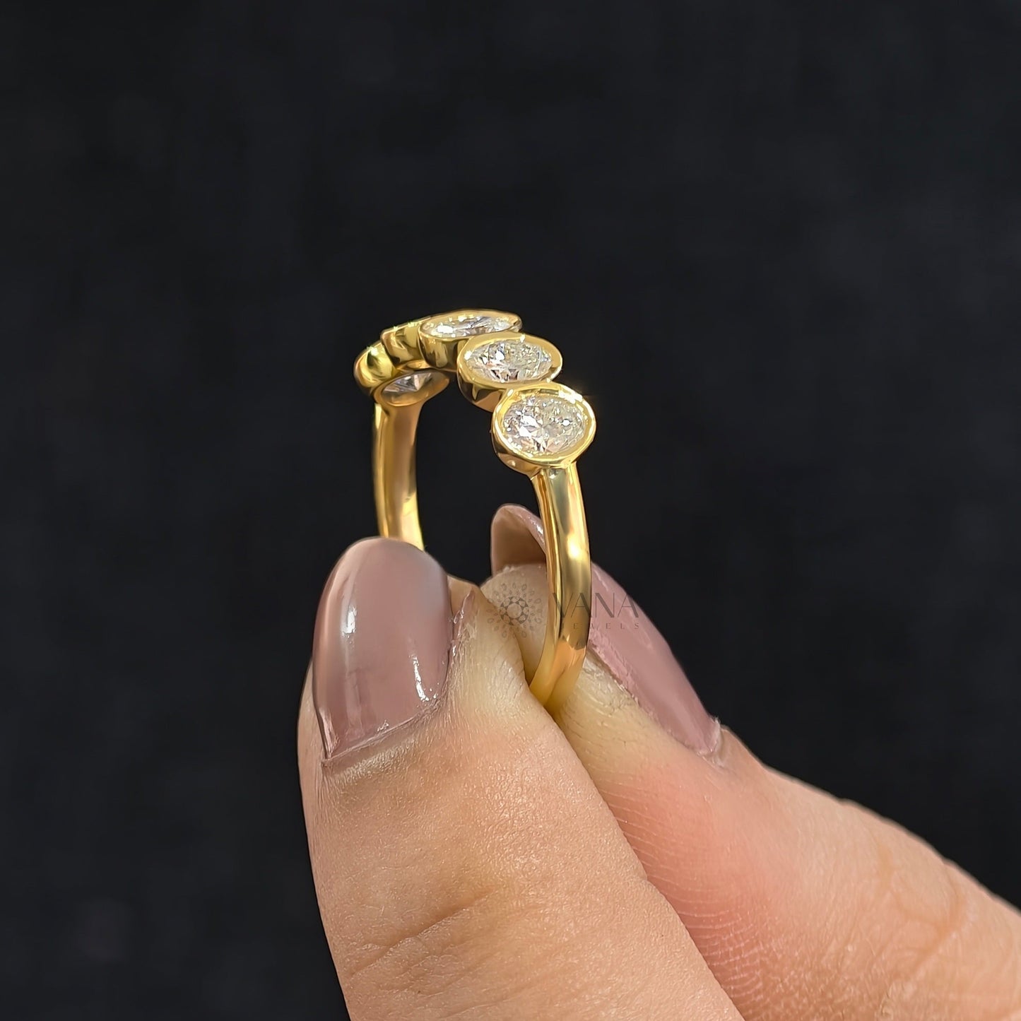 Bezel Set Oval Moissanite Wedding Band, 14K Yellow Gold Stackable Ring