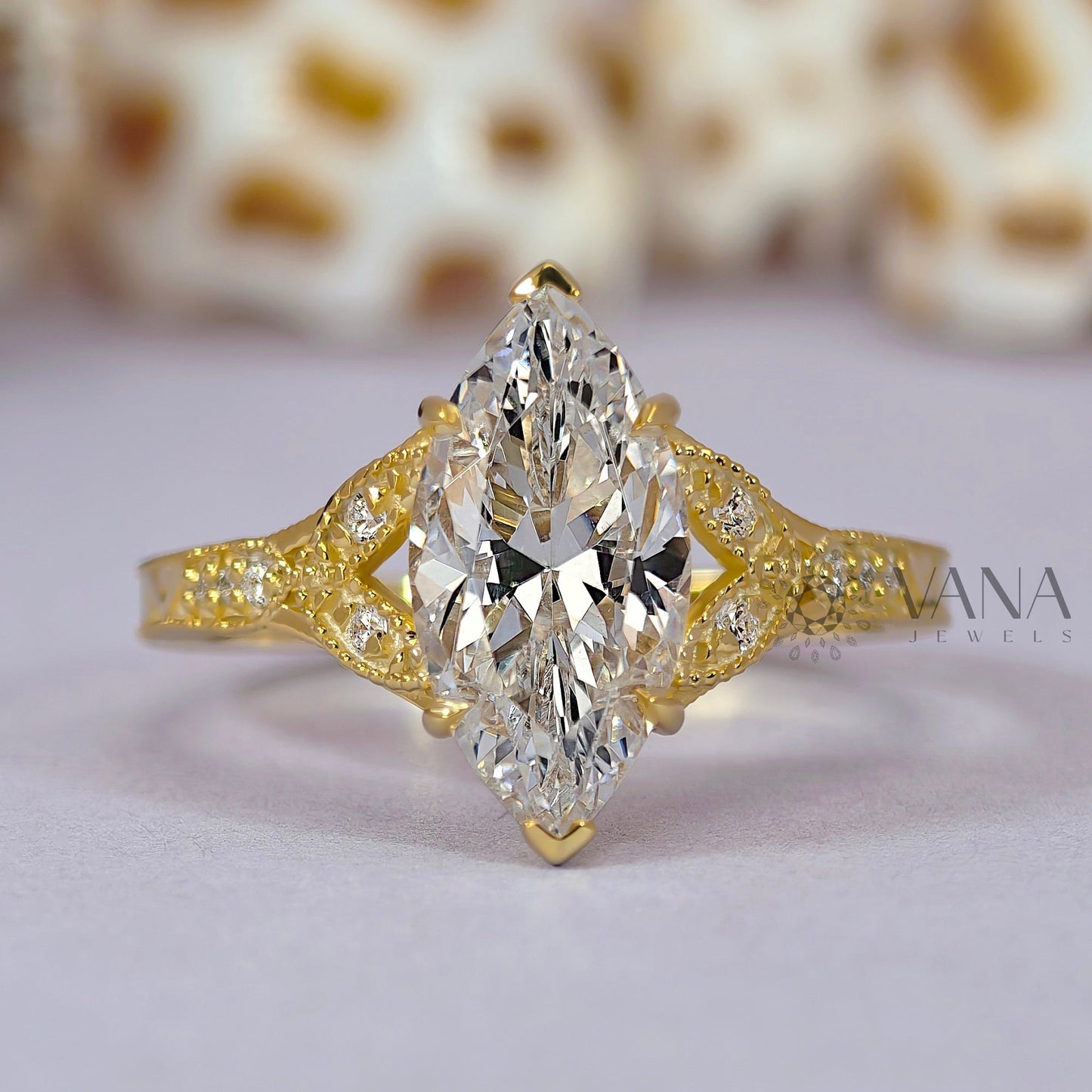 Victorian Marquise cut Moissanite Engagement Ring in Solid Gold Engraved Wedding Ring