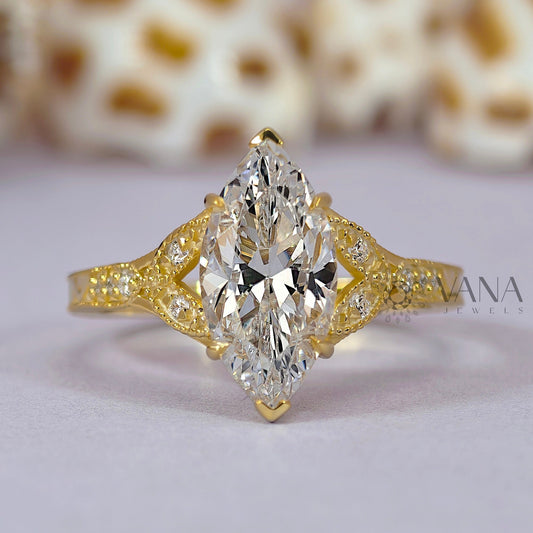 Victorian Marquise cut Moissanite Engagement Ring in Solid Gold Engraved Wedding Ring