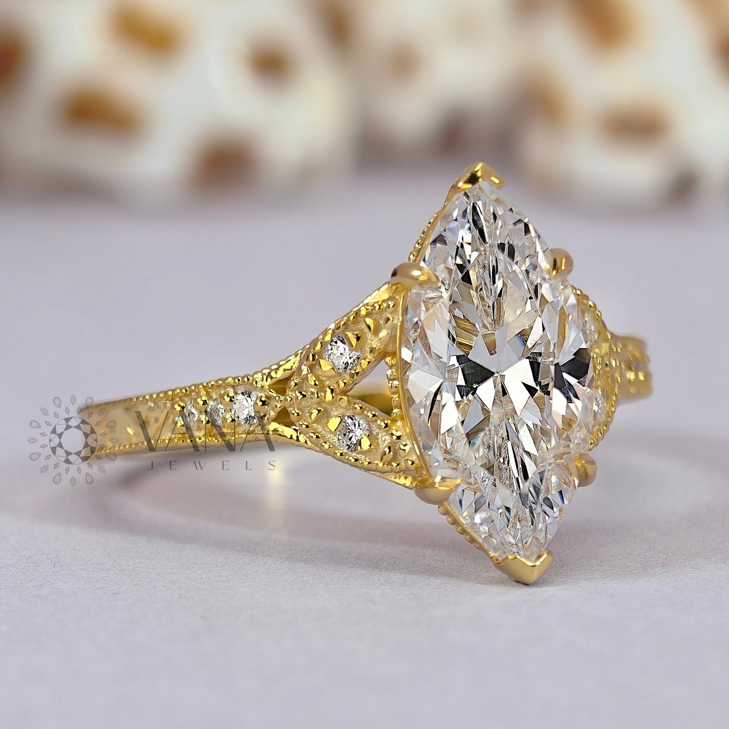 Victorian Marquise cut Moissanite Engagement Ring in Solid Gold Engraved Wedding Ring