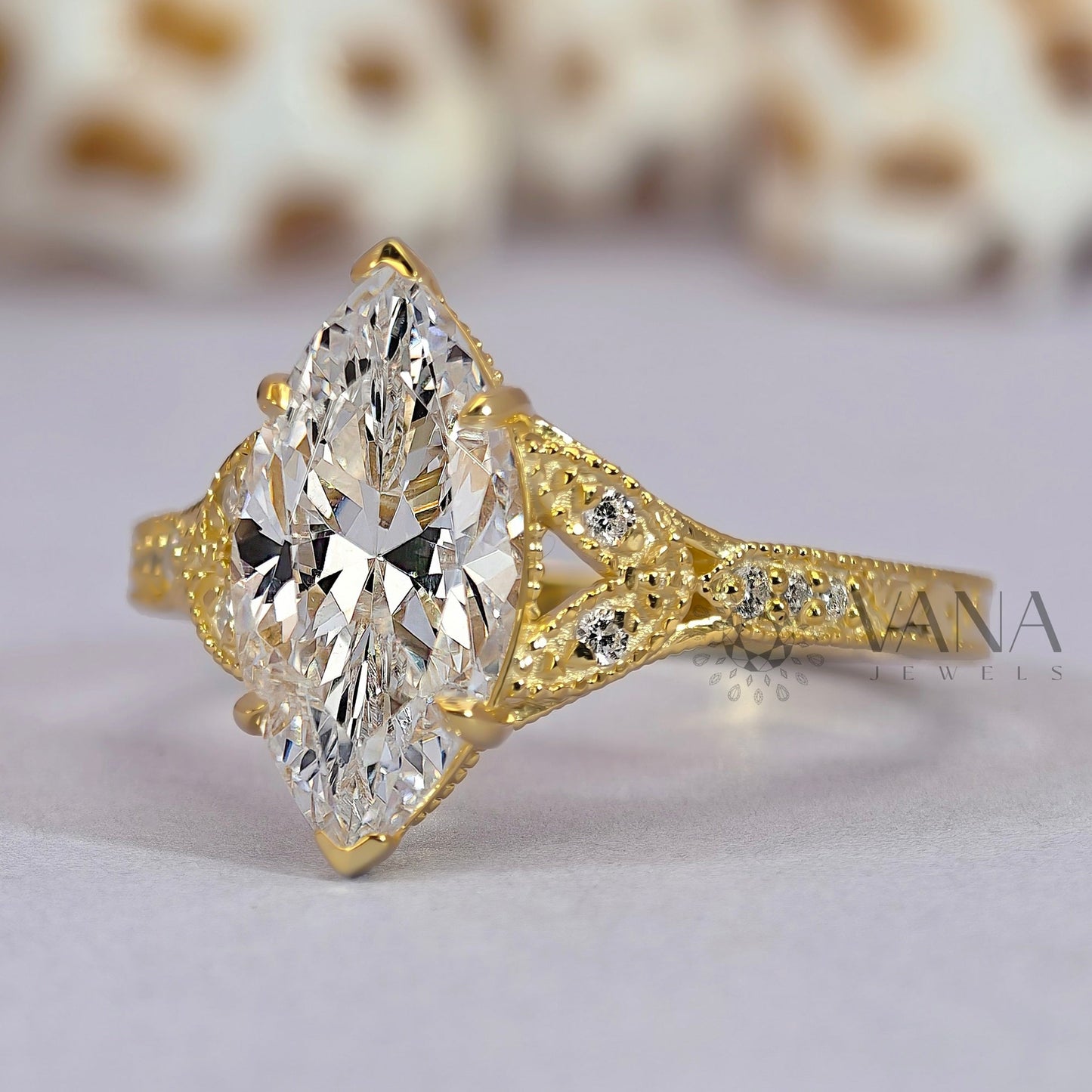 Victorian Marquise cut Moissanite Engagement Ring in Solid Gold Engraved Wedding Ring
