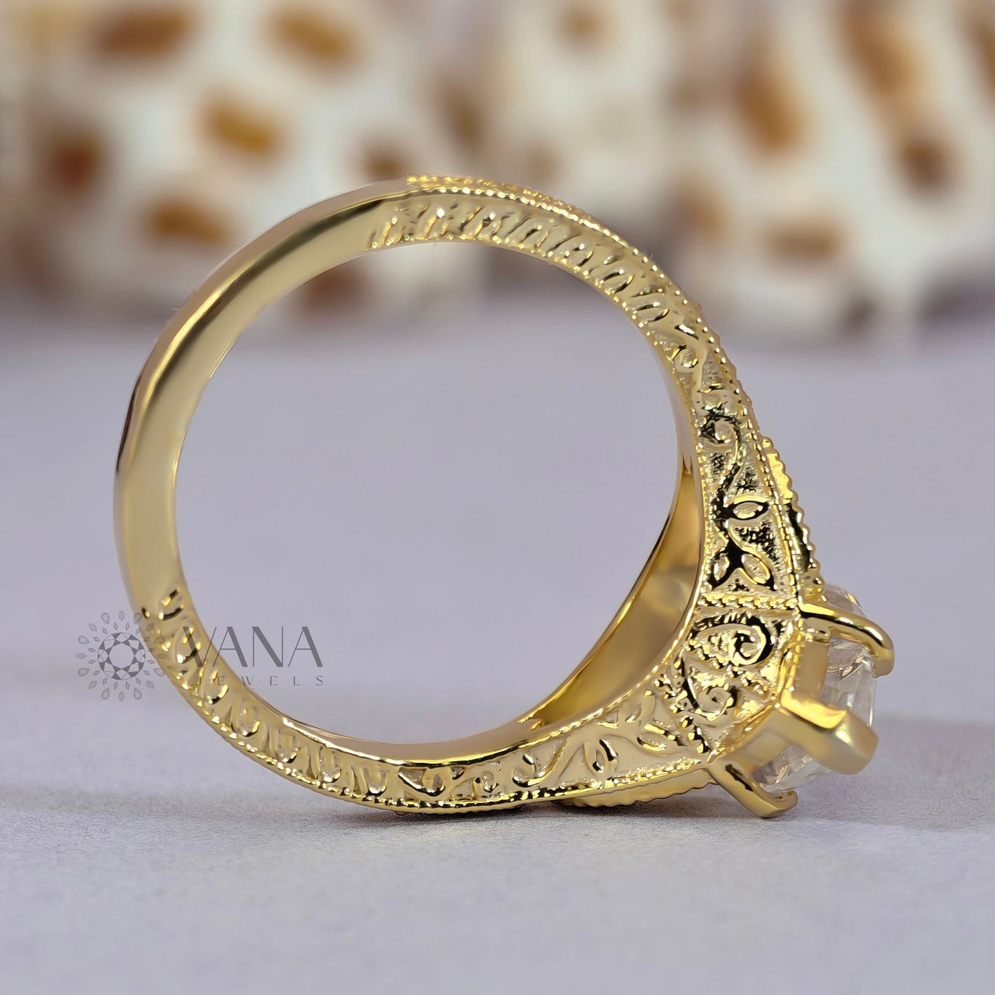 Victorian Marquise cut Moissanite Engagement Ring in Solid Gold Engraved Wedding Ring