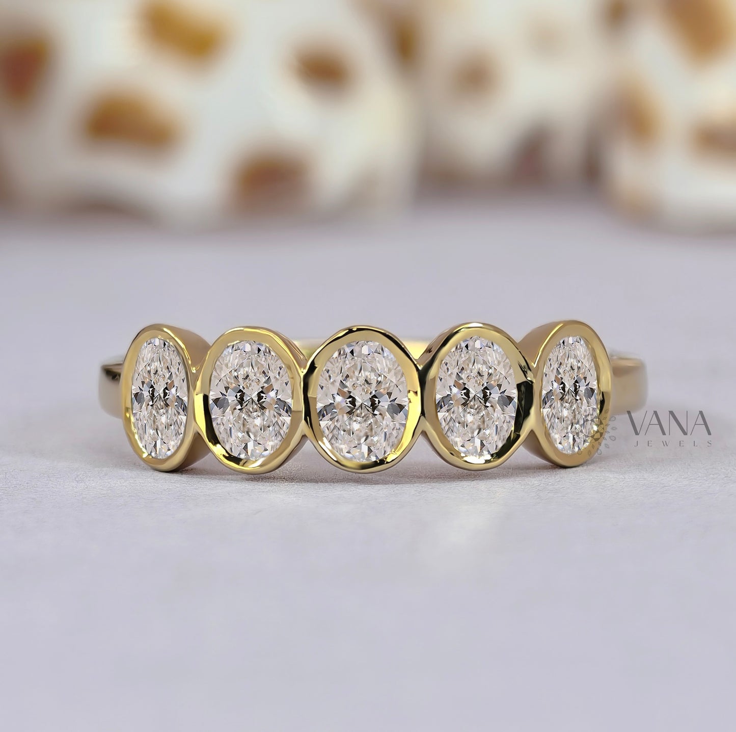 Bezel Set Oval Moissanite Wedding Band, 14K Yellow Gold Stackable Ring