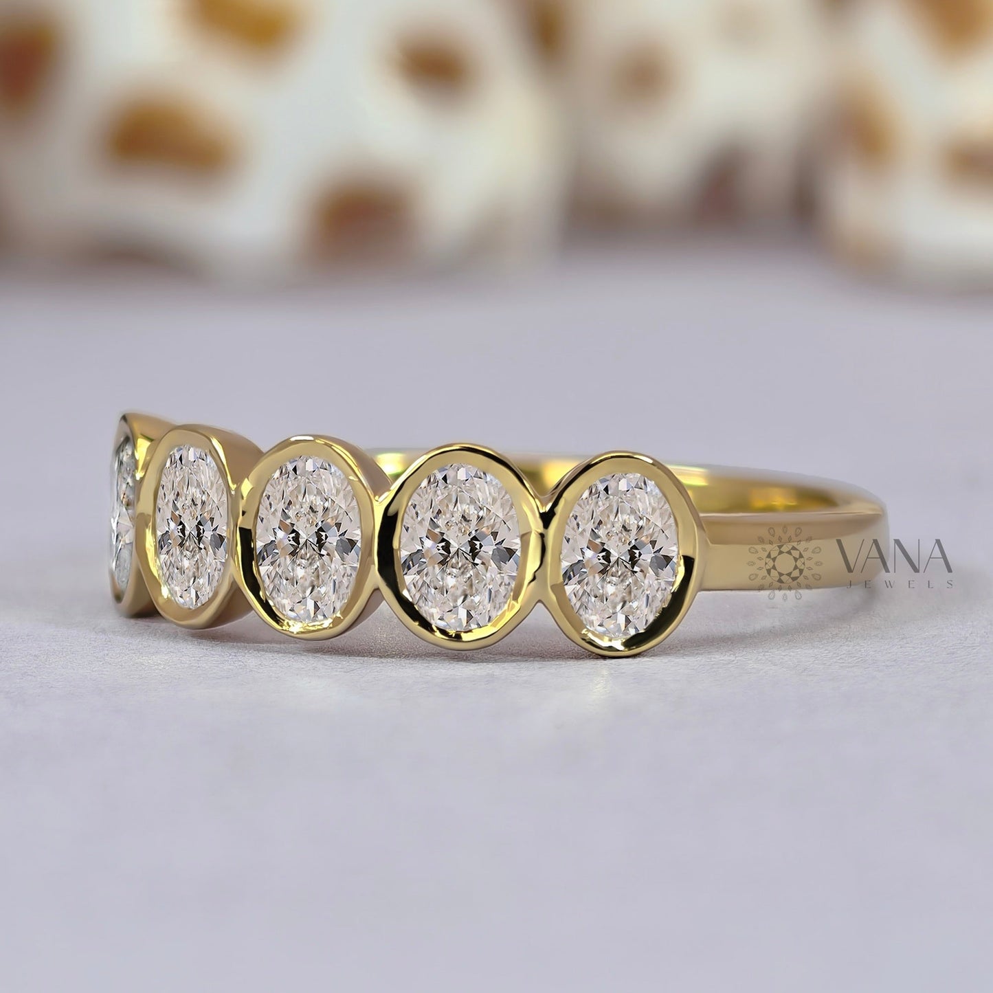Bezel Set Oval Moissanite Wedding Band, 14K Yellow Gold Stackable Ring