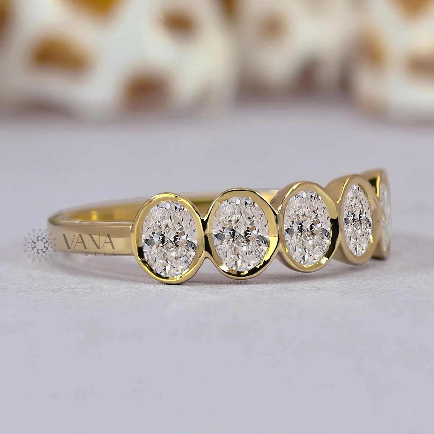 Bezel Set Oval Moissanite Wedding Band, 14K Yellow Gold Stackable Ring