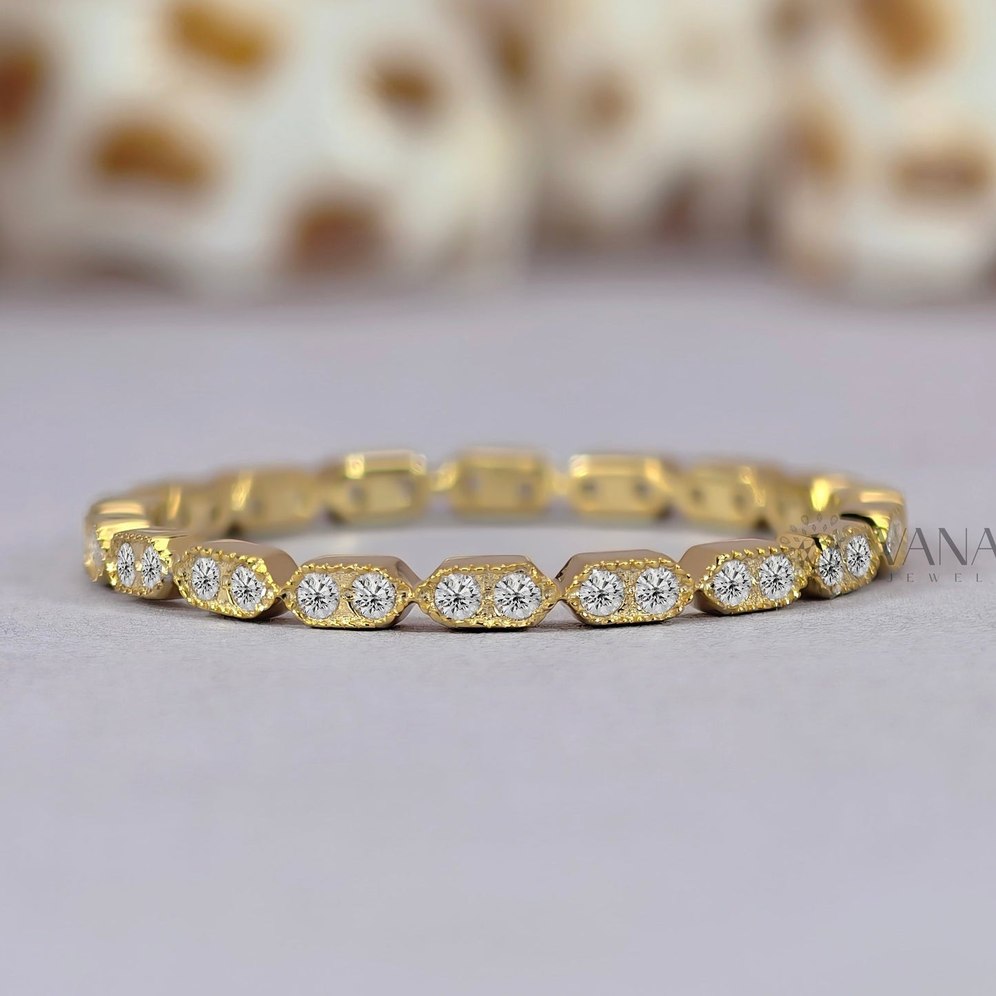 Round Cut Moissanite Eternity Band with Milgrain Bezel Setting in Gold