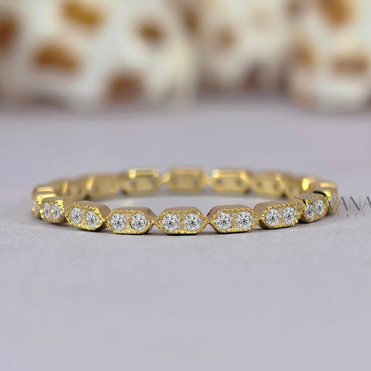 Round Cut Moissanite Eternity Band with Milgrain Bezel Setting in Gold