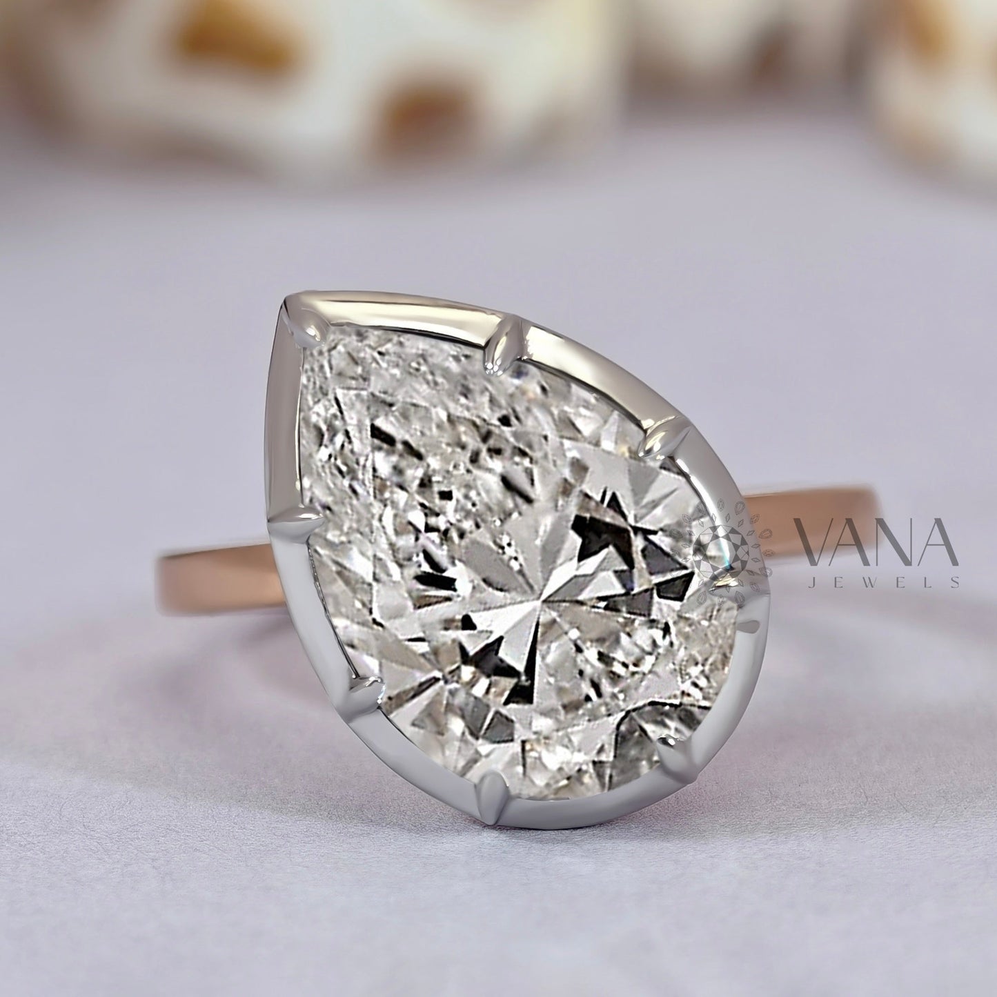 Pear Cut Moissanite Ring, Bezel Set Solitaire Engagement Ring for Women