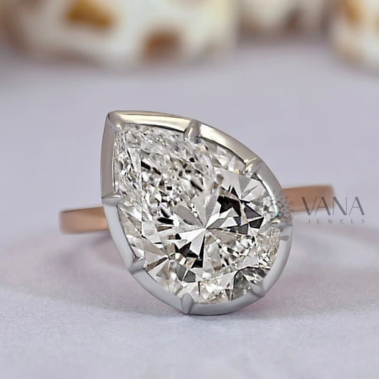 Pear Cut Moissanite Ring, Bezel Set Solitaire Engagement Ring for Women
