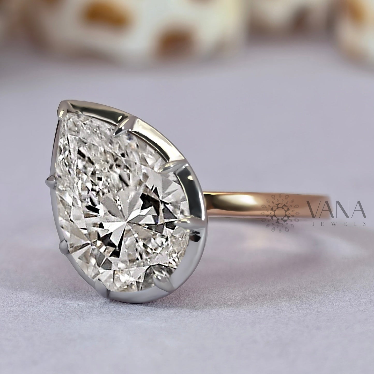 Pear Cut Moissanite Ring, Bezel Set Solitaire Engagement Ring for Women
