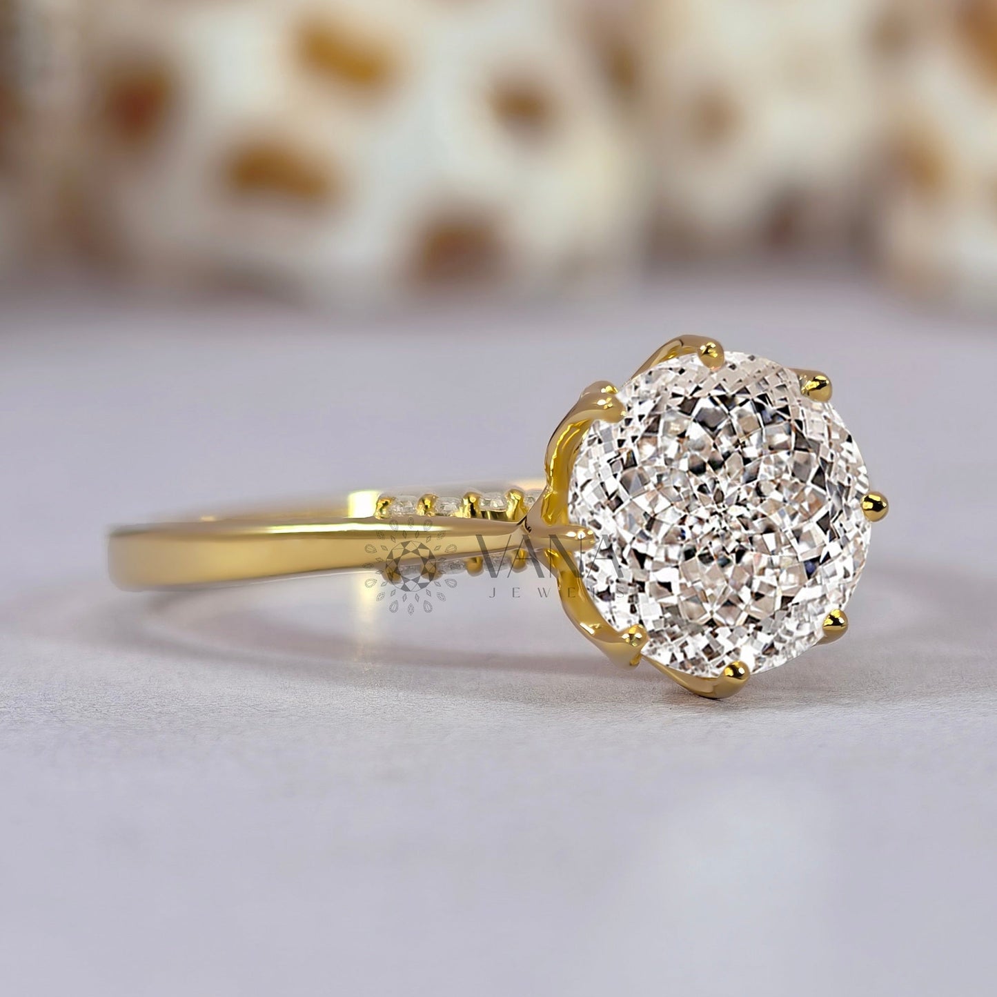 Portuguese Cut Moissanite Solitaire Engagement Ring with Cathedral Setting