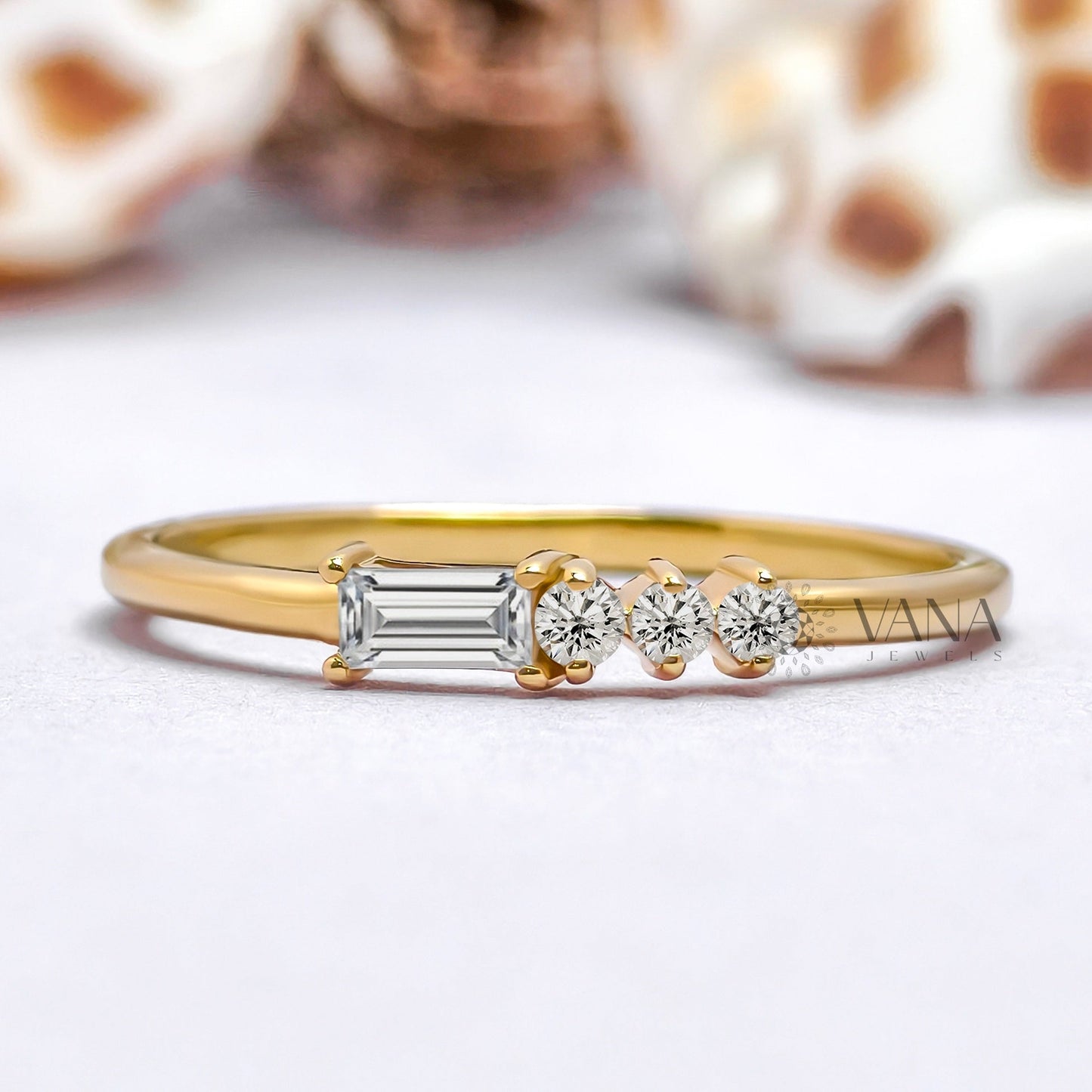 Minimalist Baguette and Round Cut Moissanite Stackable Wedding Band in Gold