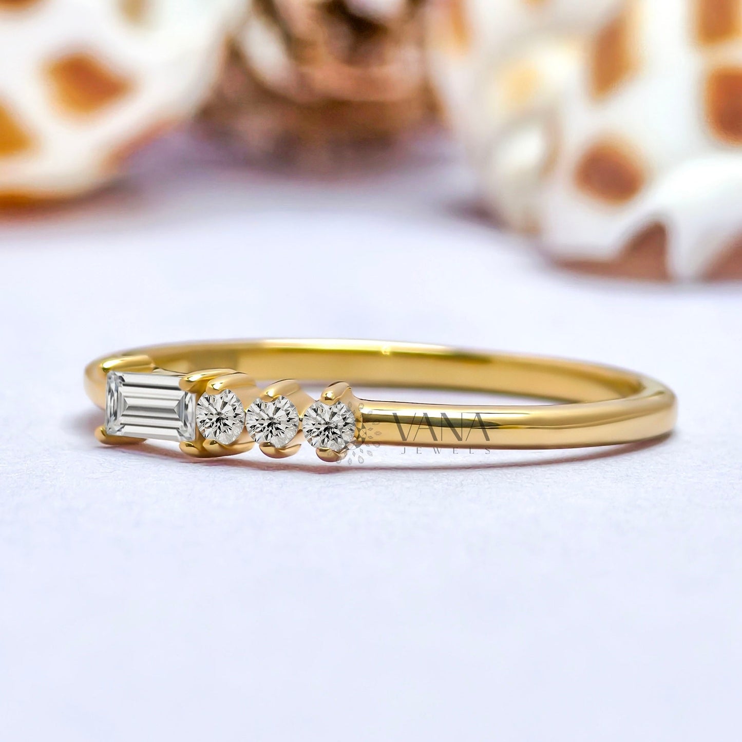 Minimalist Baguette and Round Cut Moissanite Stackable Wedding Band in Gold