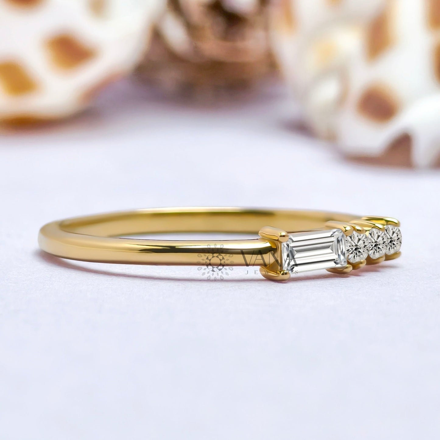 Minimalist Baguette and Round Cut Moissanite Stackable Wedding Band in Gold