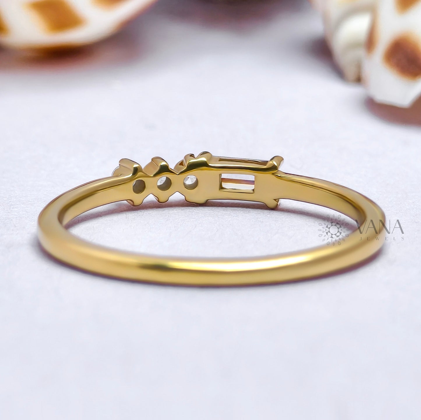 Minimalist Baguette and Round Cut Moissanite Stackable Wedding Band in Gold