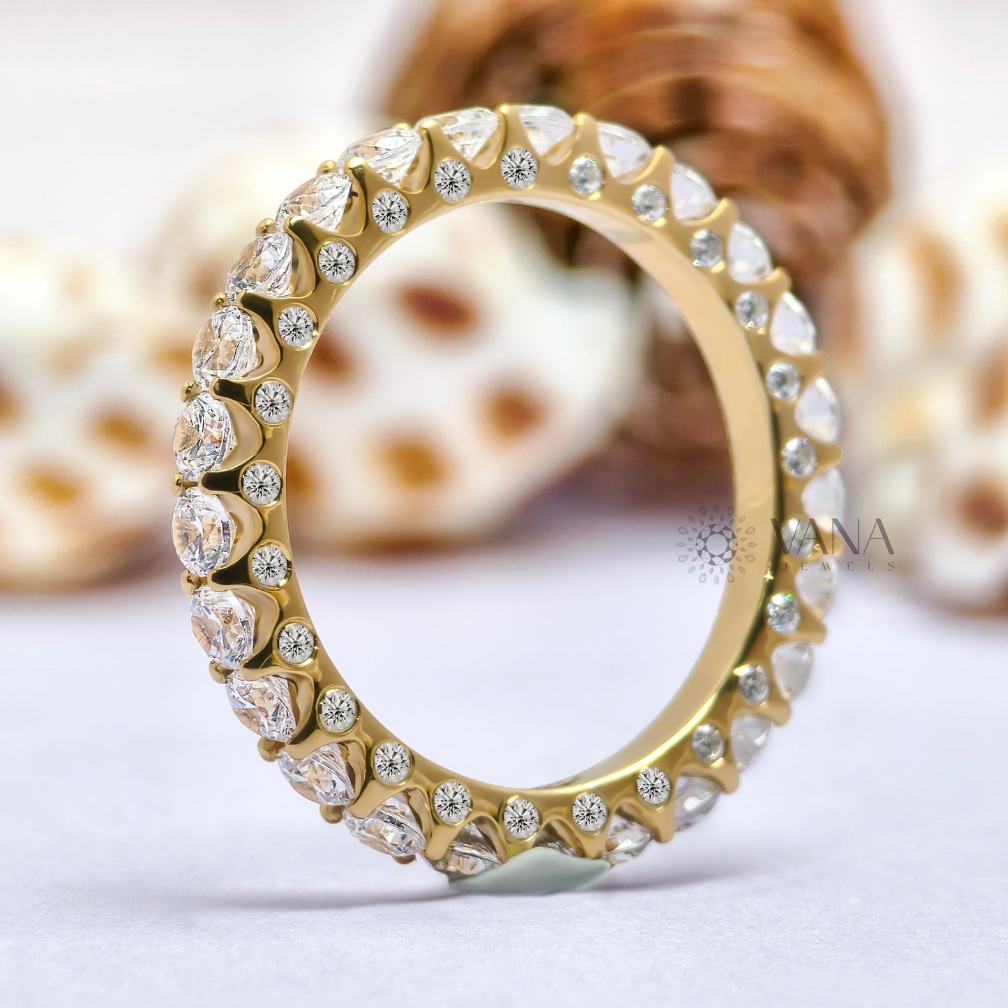 Round Cut Moissanite Full Eternity Wedding Band with Three Side Stones