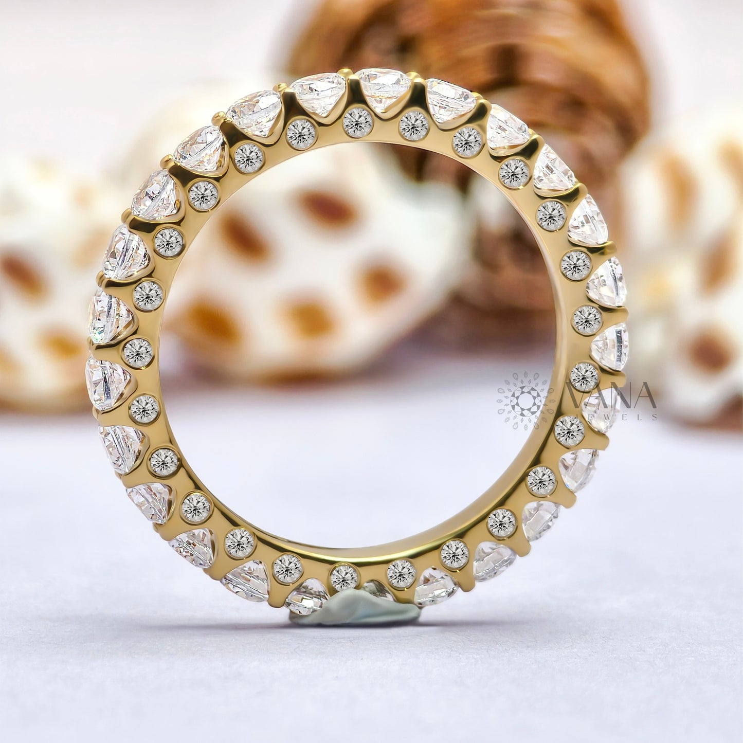 Round Cut Moissanite Full Eternity Wedding Band with Three Side Stones