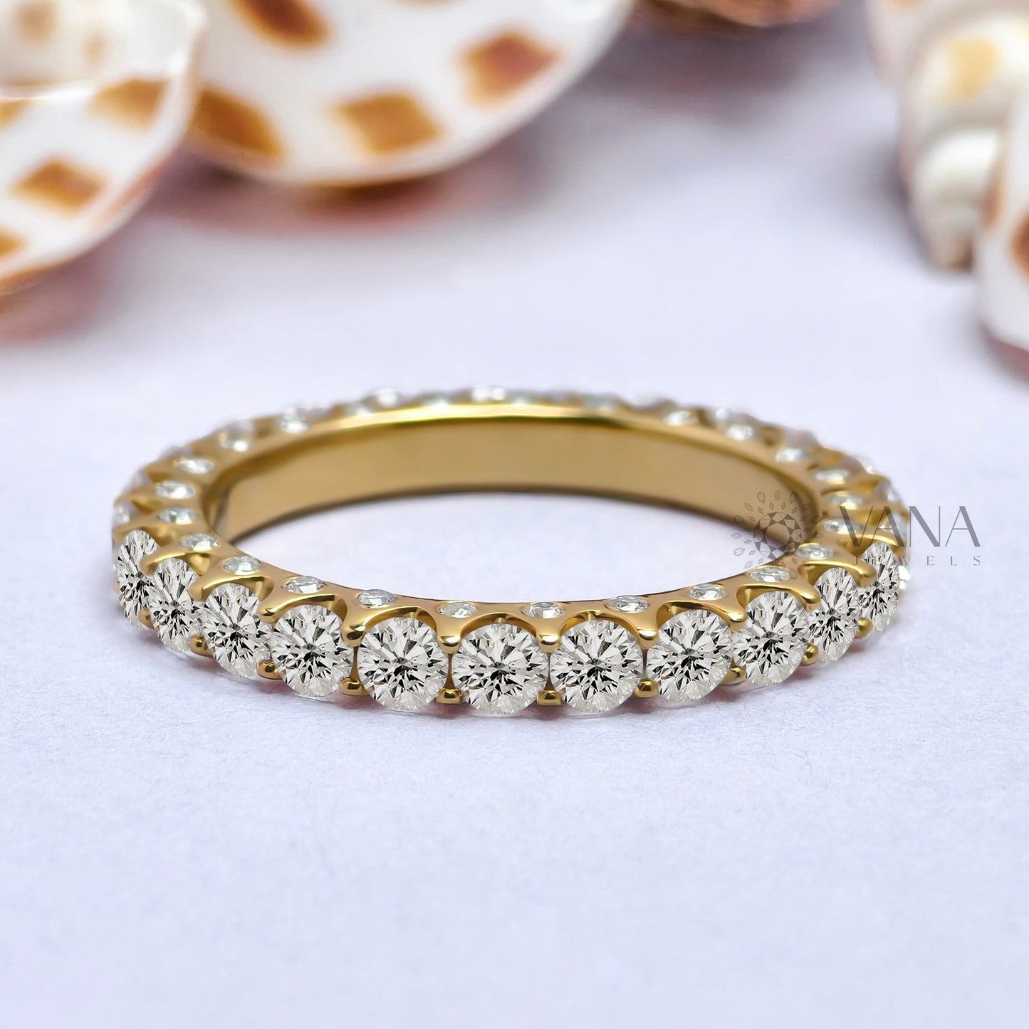 Round Cut Moissanite Full Eternity Wedding Band with Three Side Stones
