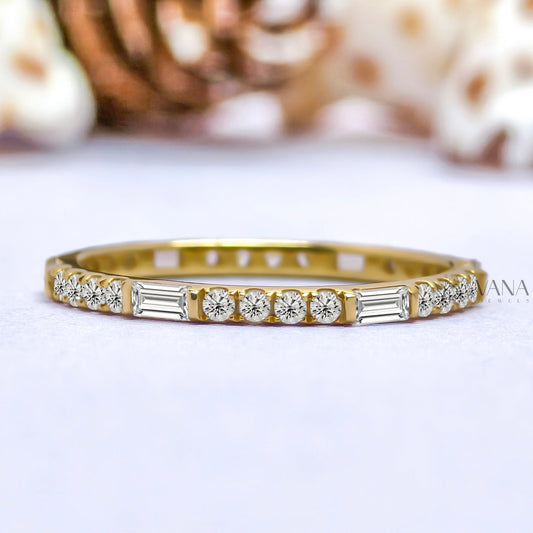 Baguette and Round Cut Moissanite Stackable Wedding Band in Yellow Gold