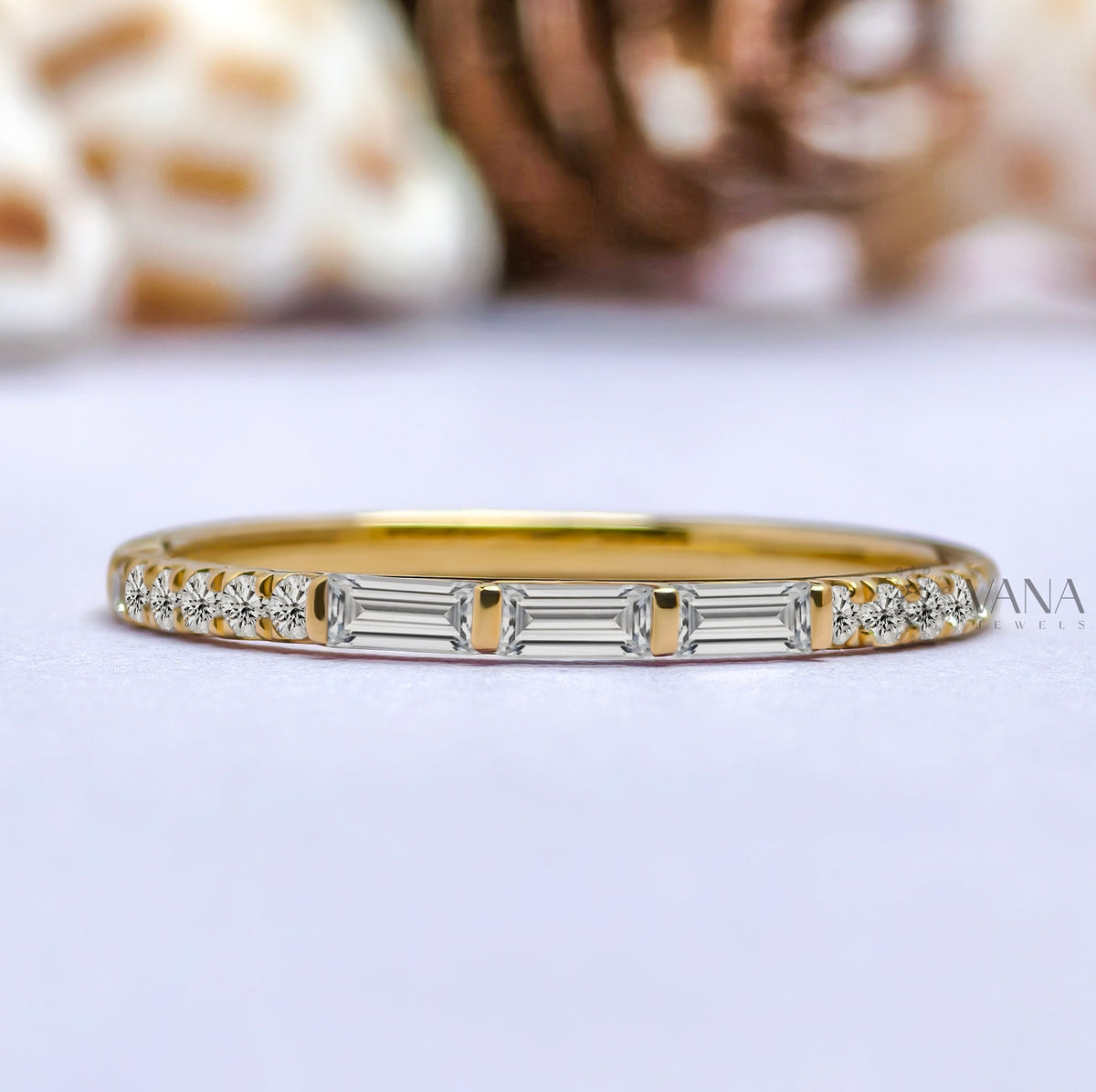 Baguette and Round Cut Moissanite Stackable Wedding Band in Gold