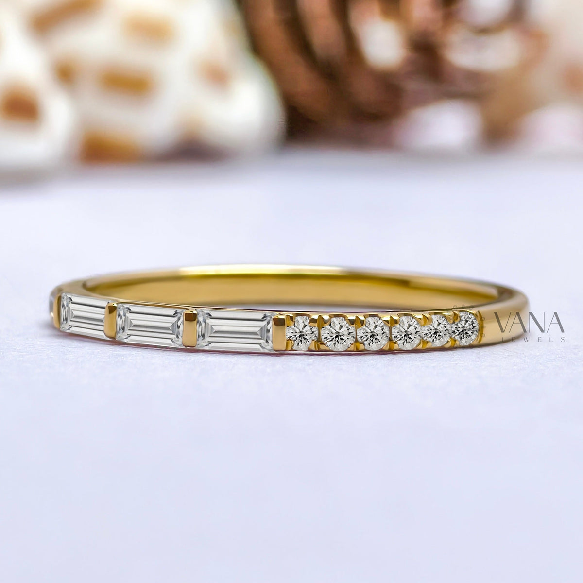Baguette and Round Cut Moissanite Stackable Wedding Band in Gold