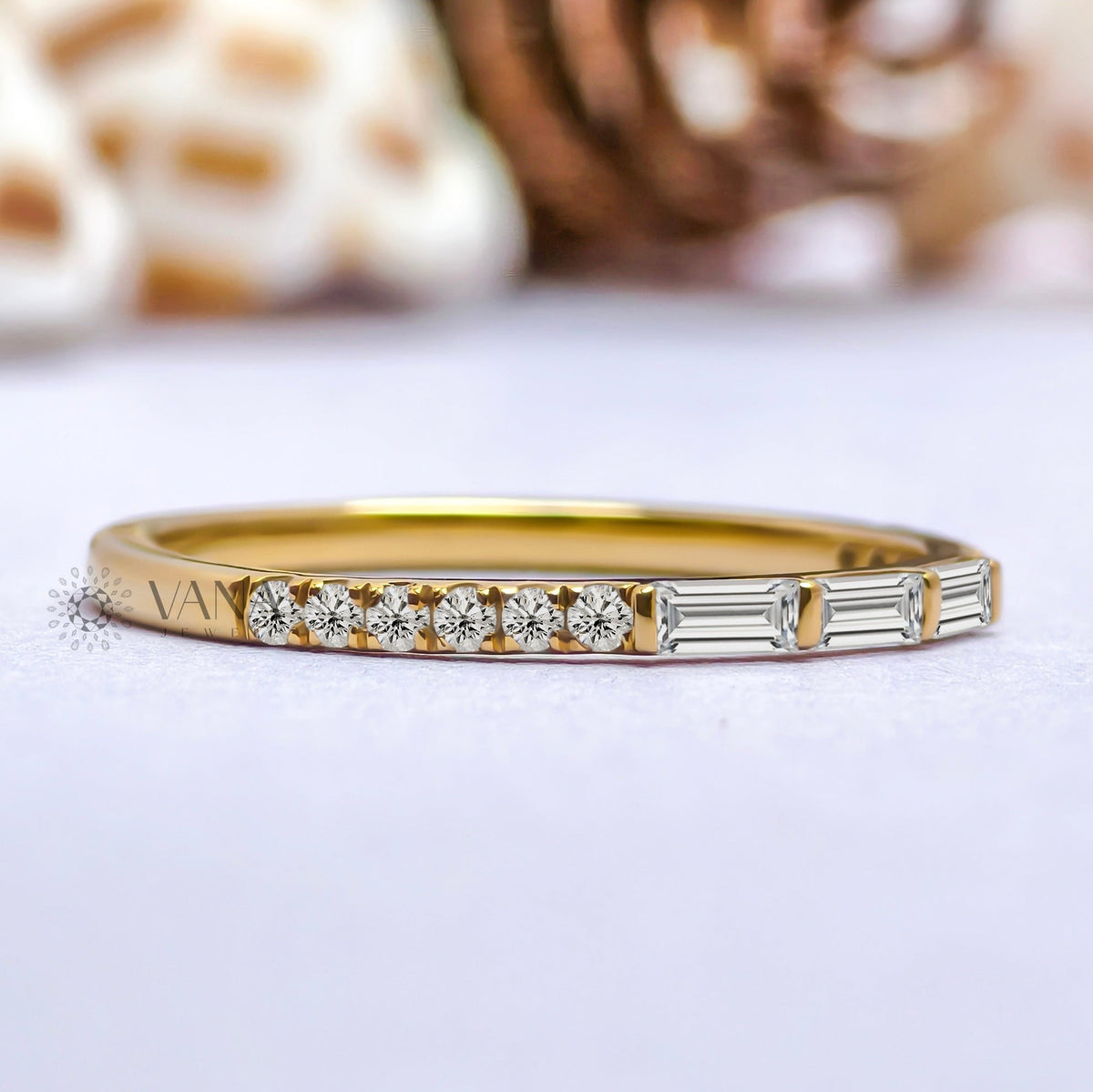 Baguette and Round Cut Moissanite Stackable Wedding Band in Gold